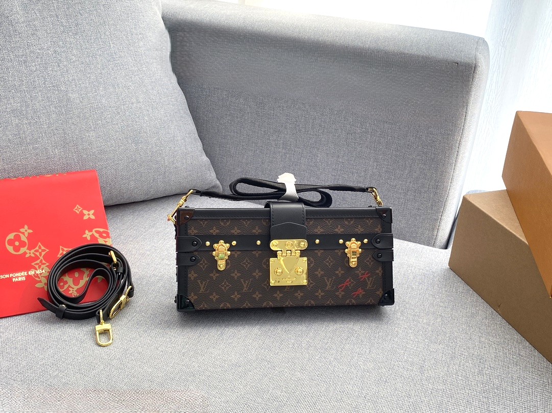 Louis Vuitton LV Petite Malle East West Trunk Dark Brown Monogram Canvas S-Twist Lock Crossbody Bag - KAIROO
