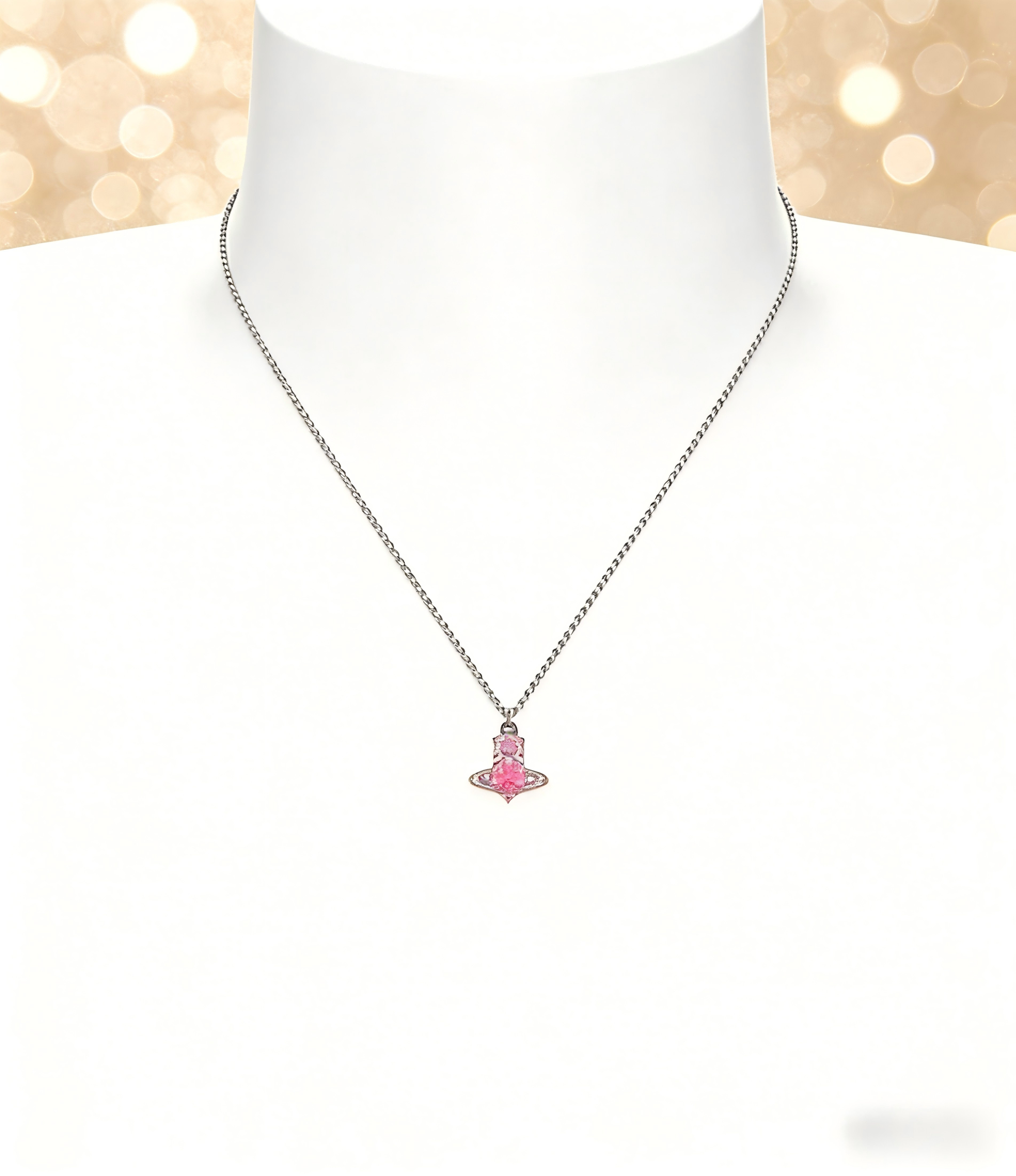 2026 New Vivienne Westwood Style Pink Heart Saturn Pendant Necklace - Dainty Silver Tone Rhinestone Celestial Jewelry for Women