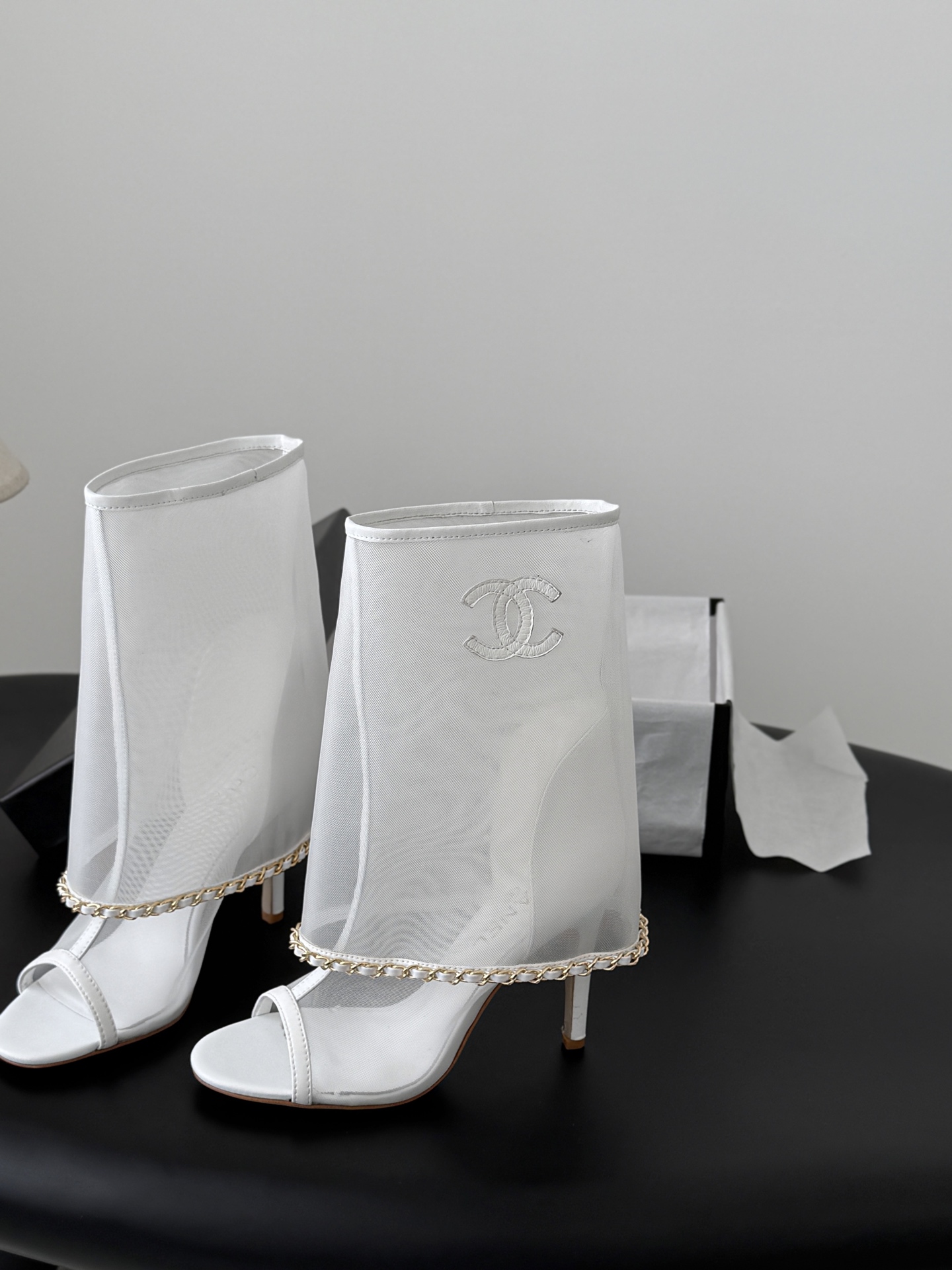 Chanel Summer Sheer Mesh CC Logo Chain Trim Open Toe Ankle Boots Sandals Heels - KAIROO