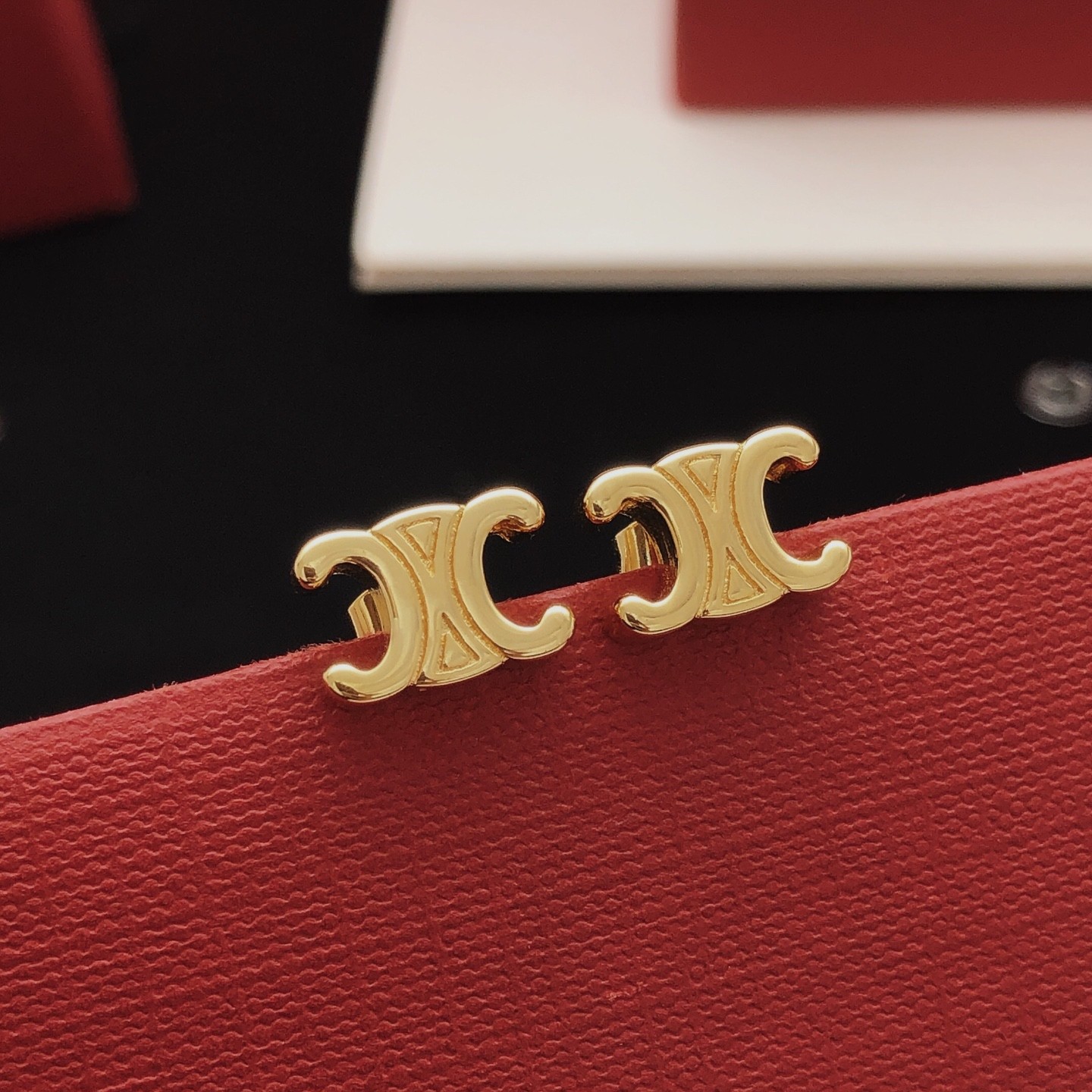 Celine Gold Finish Brass Triomphe Logo Motif Classic Stud Earrings - KAIROO