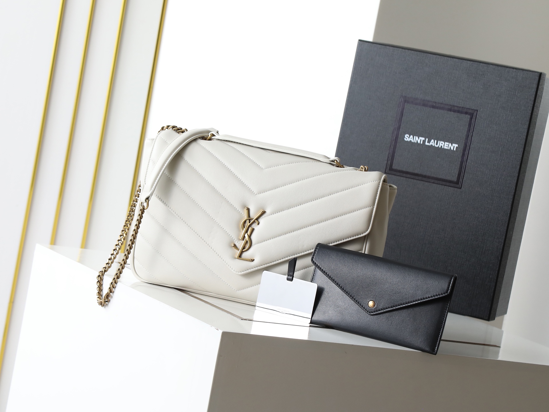 Saint Laurent White Lambskin Loulou Large Shoulder Bag