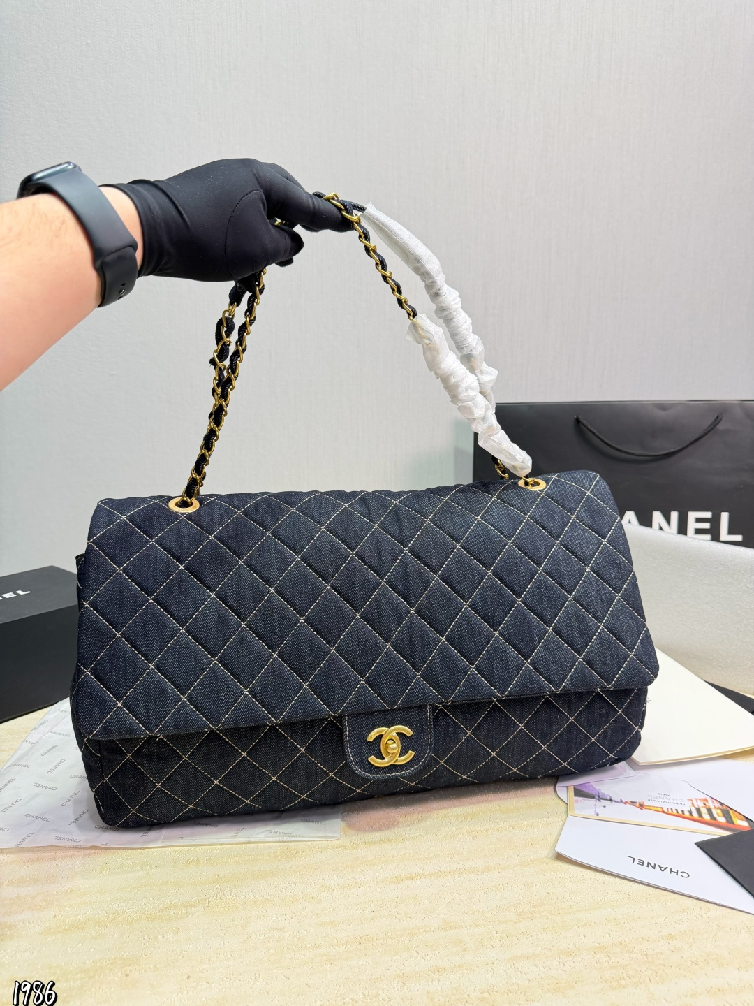 Chanel XXL CF 45CM Maxi Quilted Blue Denim Airport Oversized Flap Chain Shoulder Bag - KAIROO