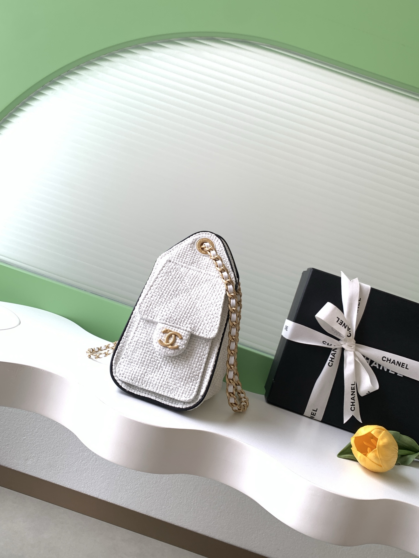 Chanel 25 Mini Handbag in White and black Braided Raffia