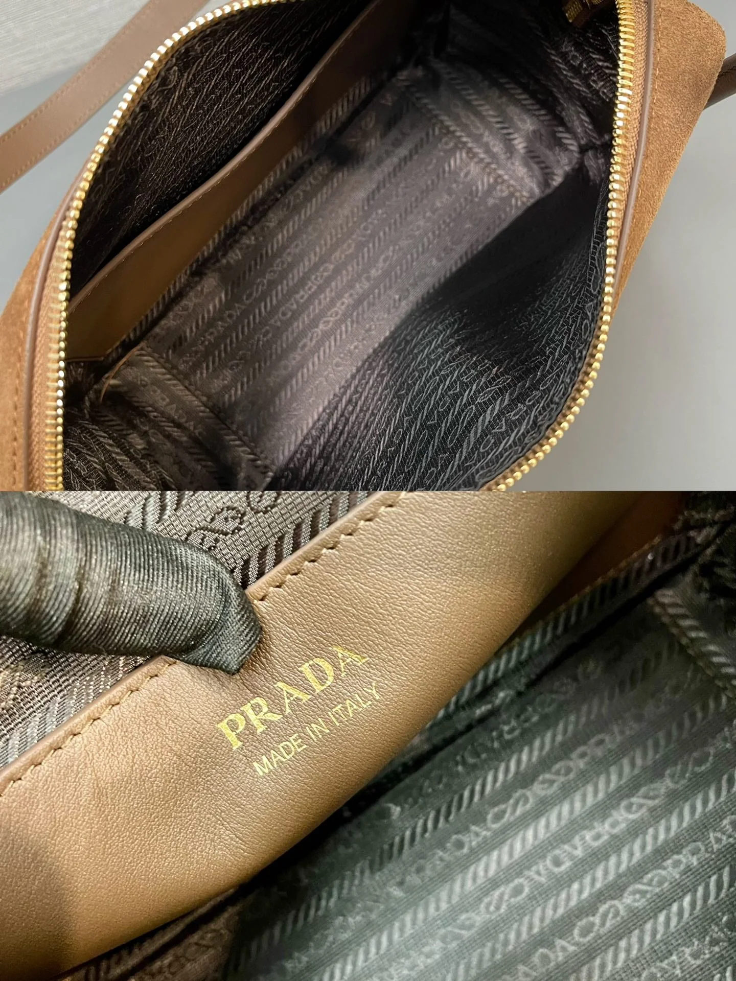 Prada BOWLING BAG 25 IN ASH BROWN SUEDE AND CALFSKIN TRIM GOLD LOGO