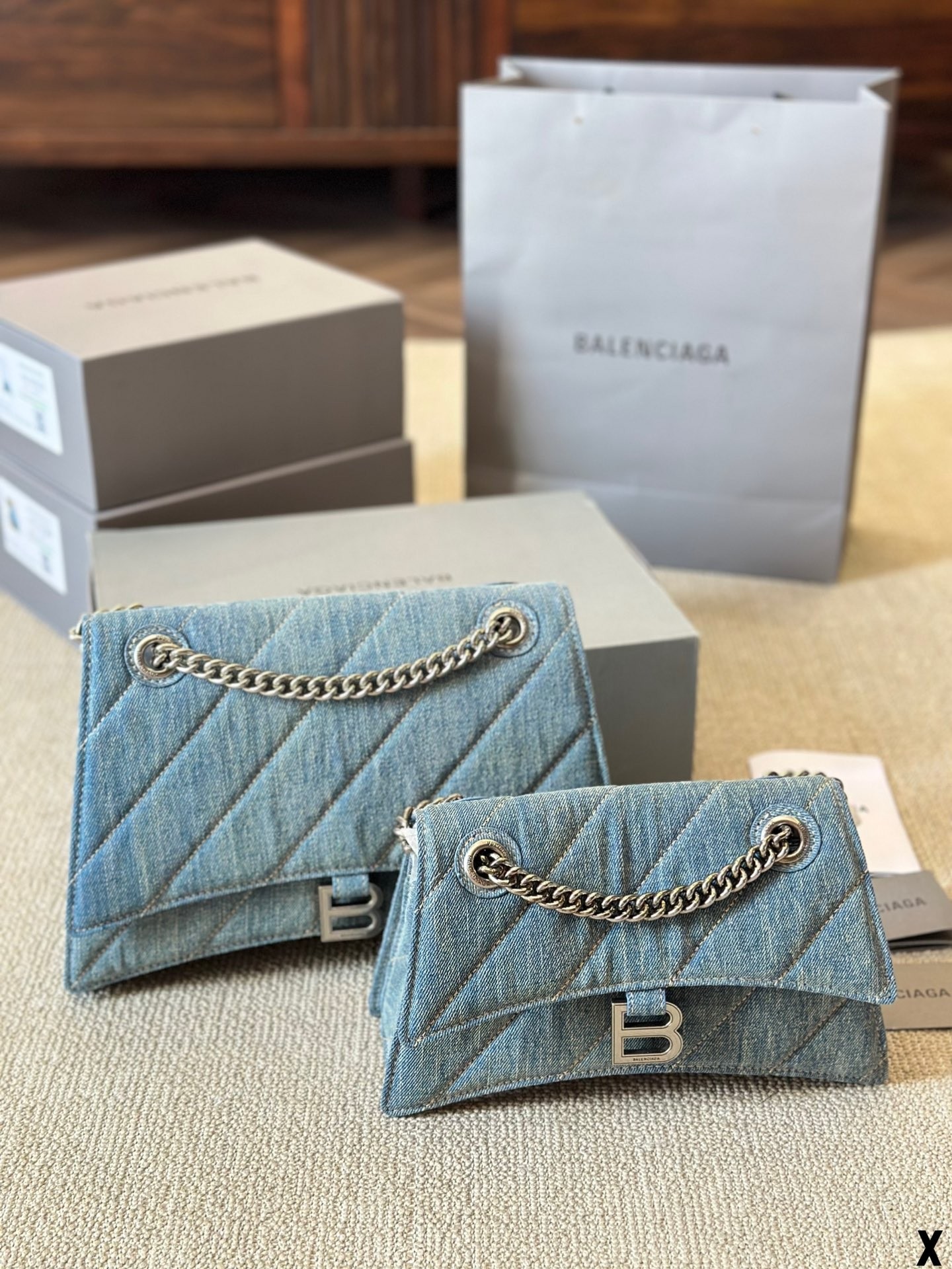 Balenciaga S/M Crush Diagonal Quilted Denim Blue Chain Strap Flap Hourglass Shoulder Bag - KAIROO