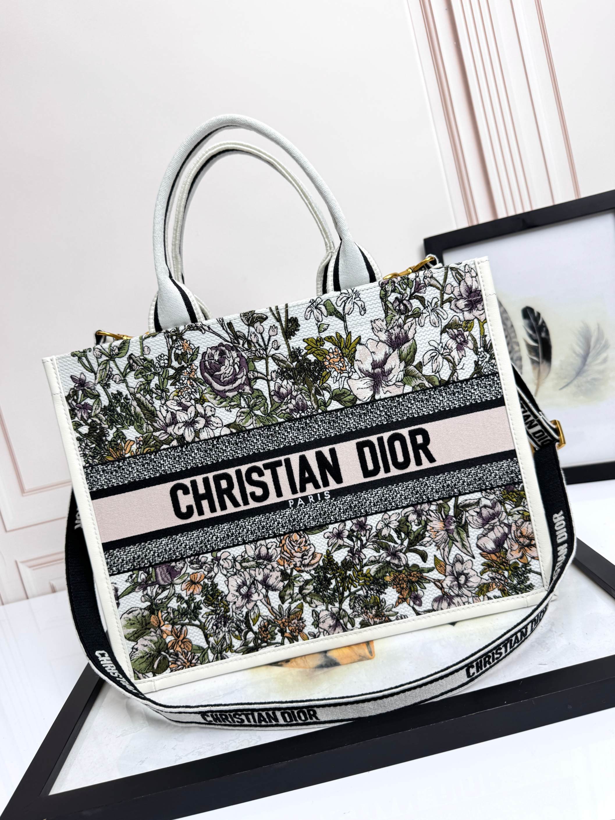 Dior Embroidered Canvas Medium  Book Tote with shoulder strap