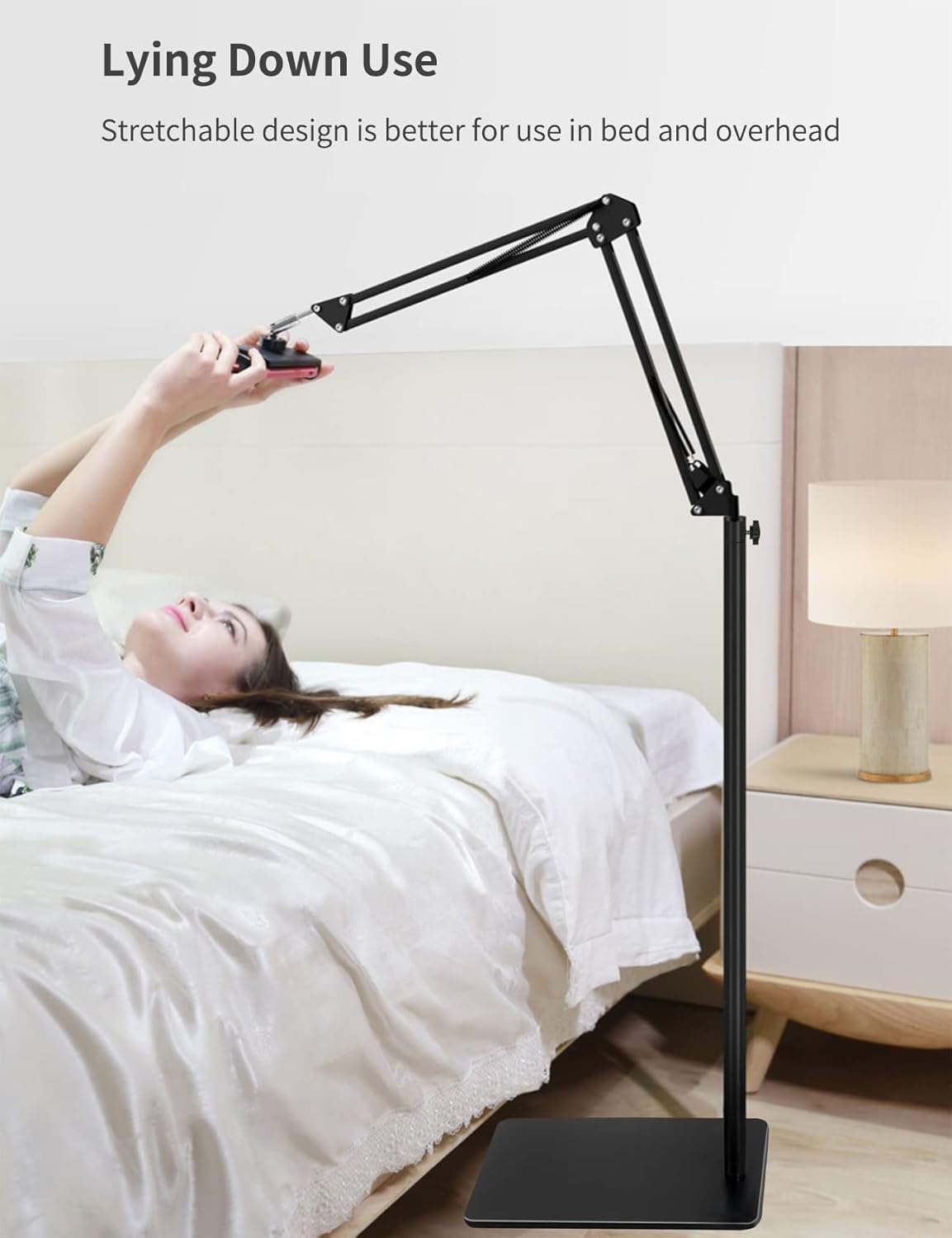 BluuSuuk Tablet Floor Stand with Double Weight Base, Overhead Bed Phone Mount Height Adjustable Arm Stretchable Stand Holder, Compatible with iPad Mini Air Pro, Galaxy Tab, Kindle, Switch, Cell Phones