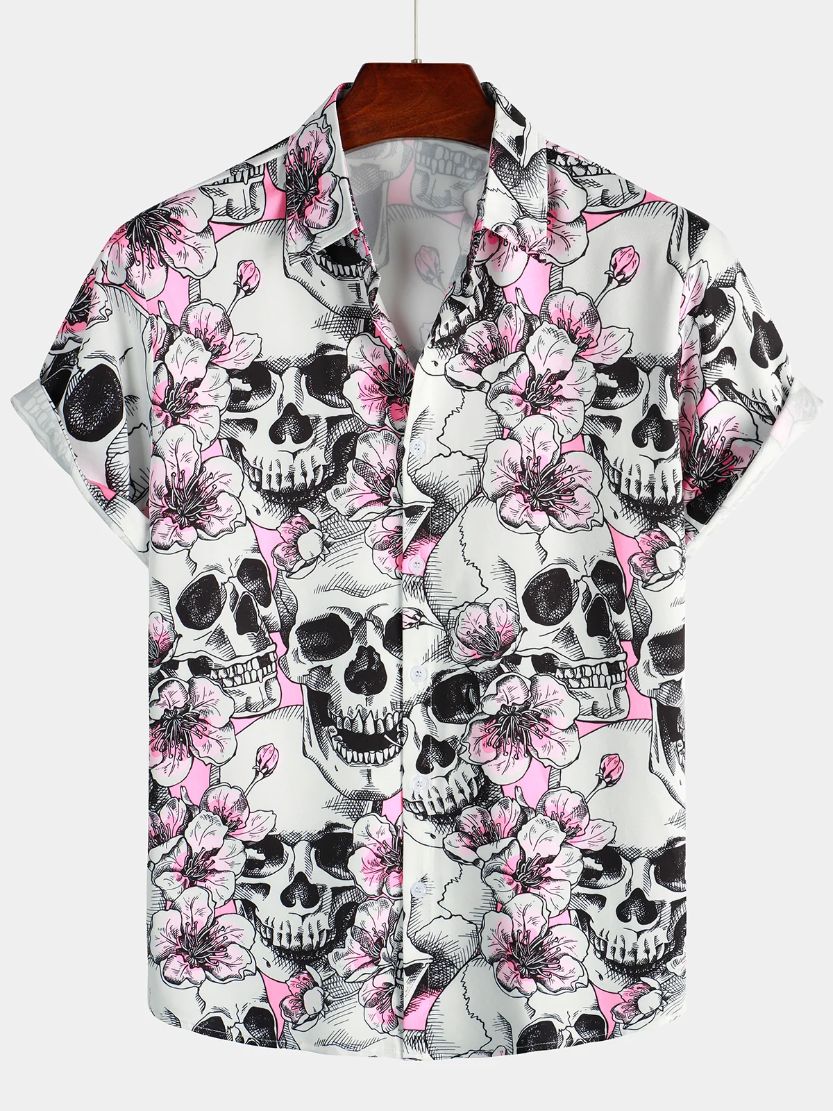 Men's Pink Cherry Blossom Skull Punk Rock Button-Up Short Sleeve Shirt