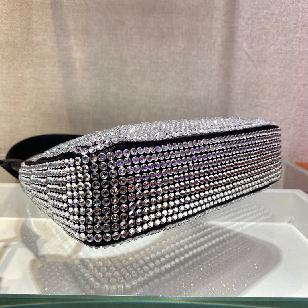 Prada SPARKLING HOBO BAG 23 IN BLACK NYLON ATTACHED FULLY CRYSTALS