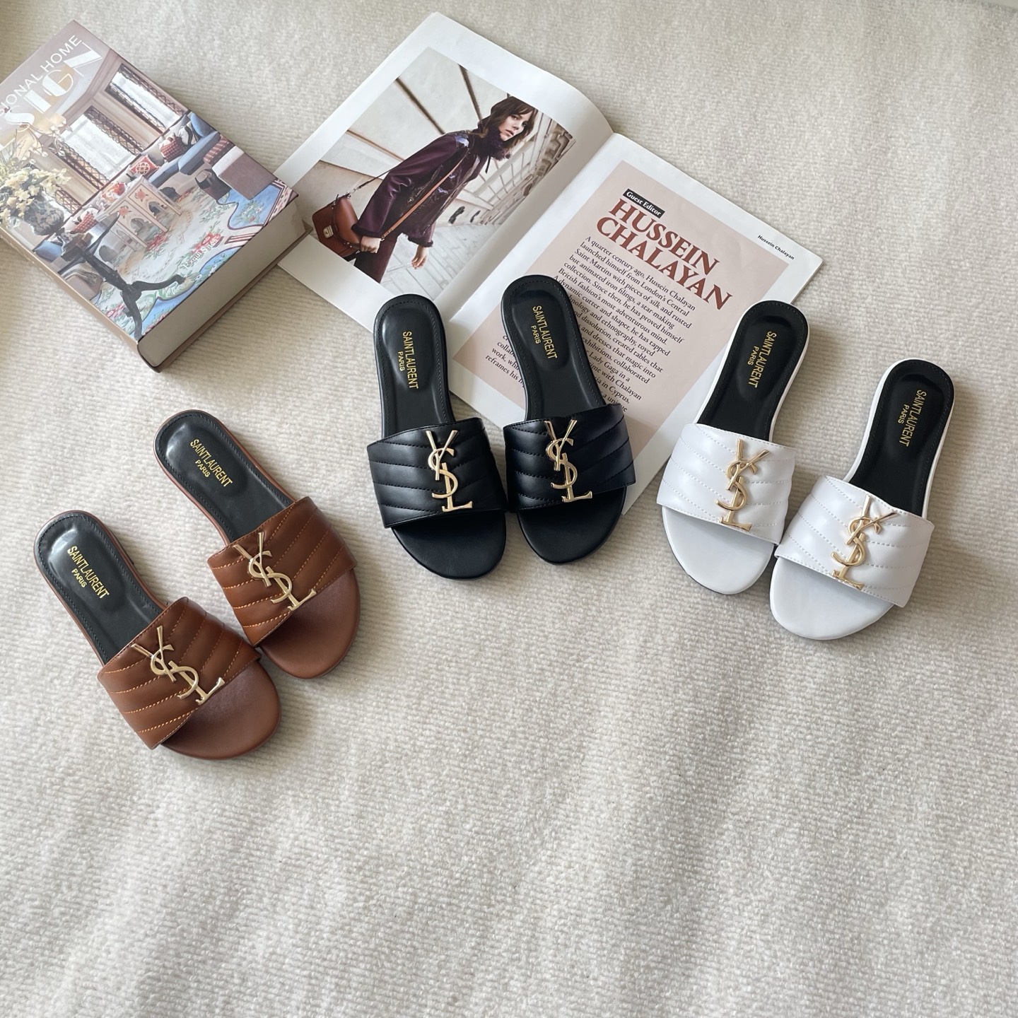 Saint Laurent Tribute YSL Logo Chevron Wide Band Quilted Leather Flat Slides Sandal - KAIROO