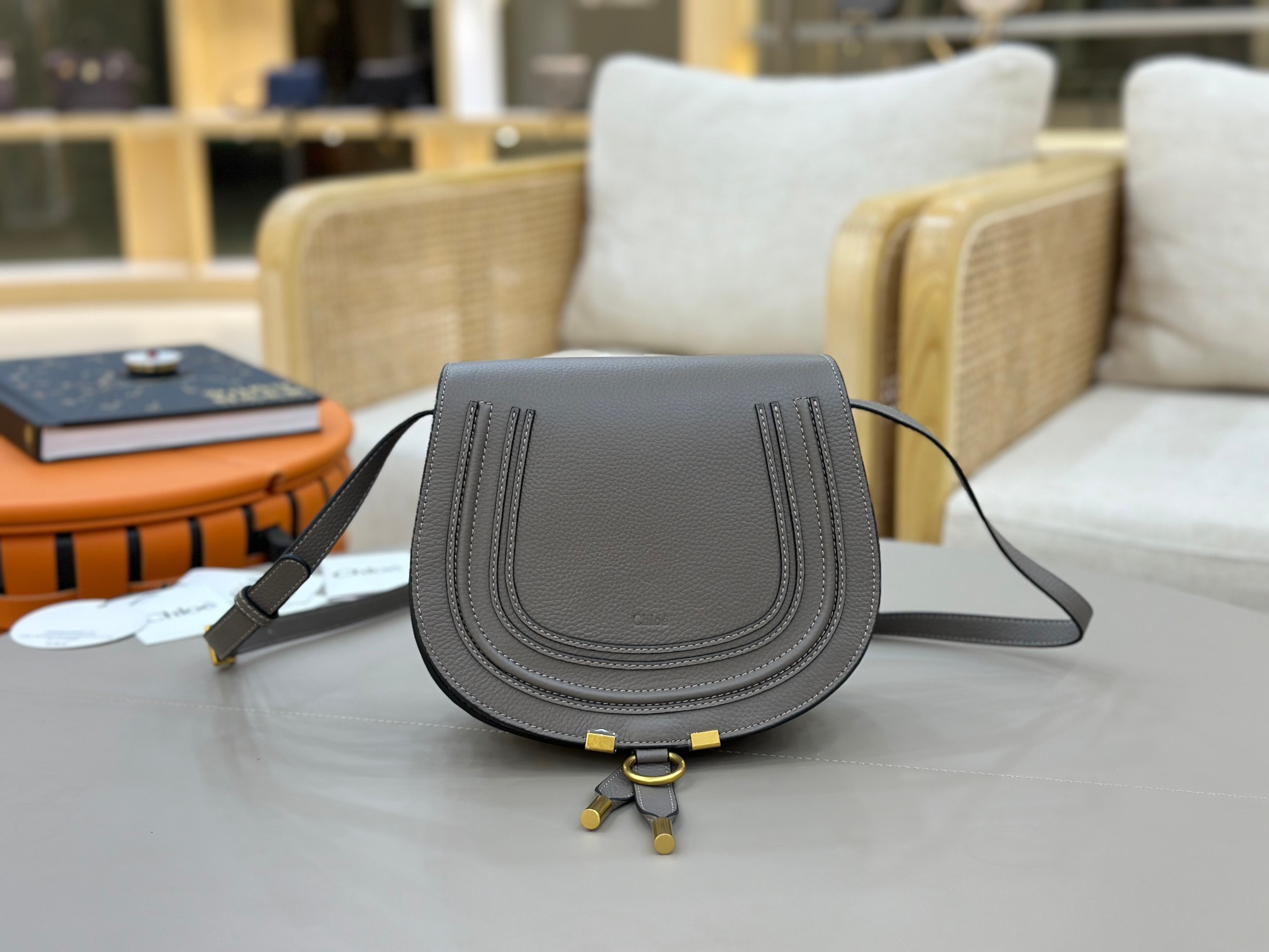 Chloe Marcie Saddle Bag in Grained Calfskin-Grey