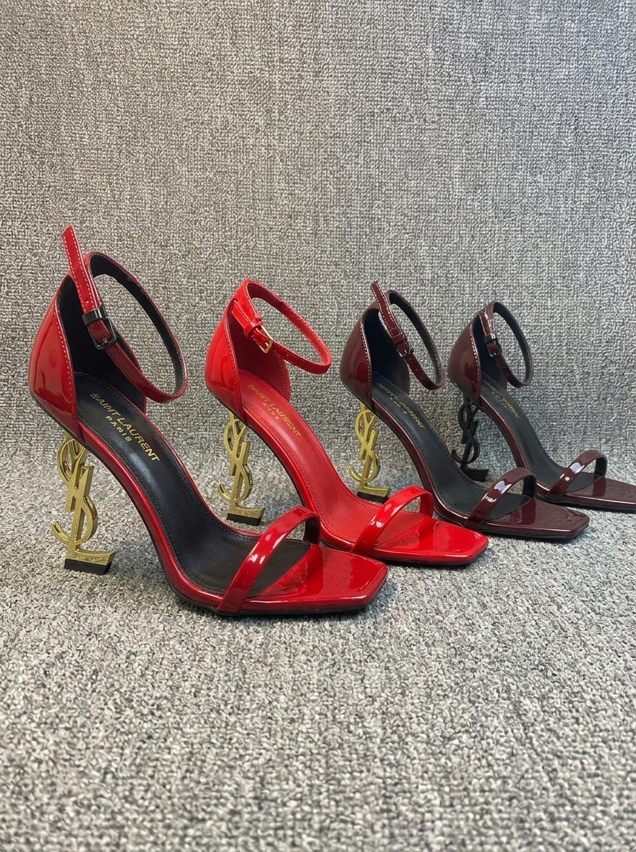 Saint Laurent Red/Burgundy Opyum Patent Leather Square Toe YSL Logo Heel Ankle Strap Sandals - KAIROO