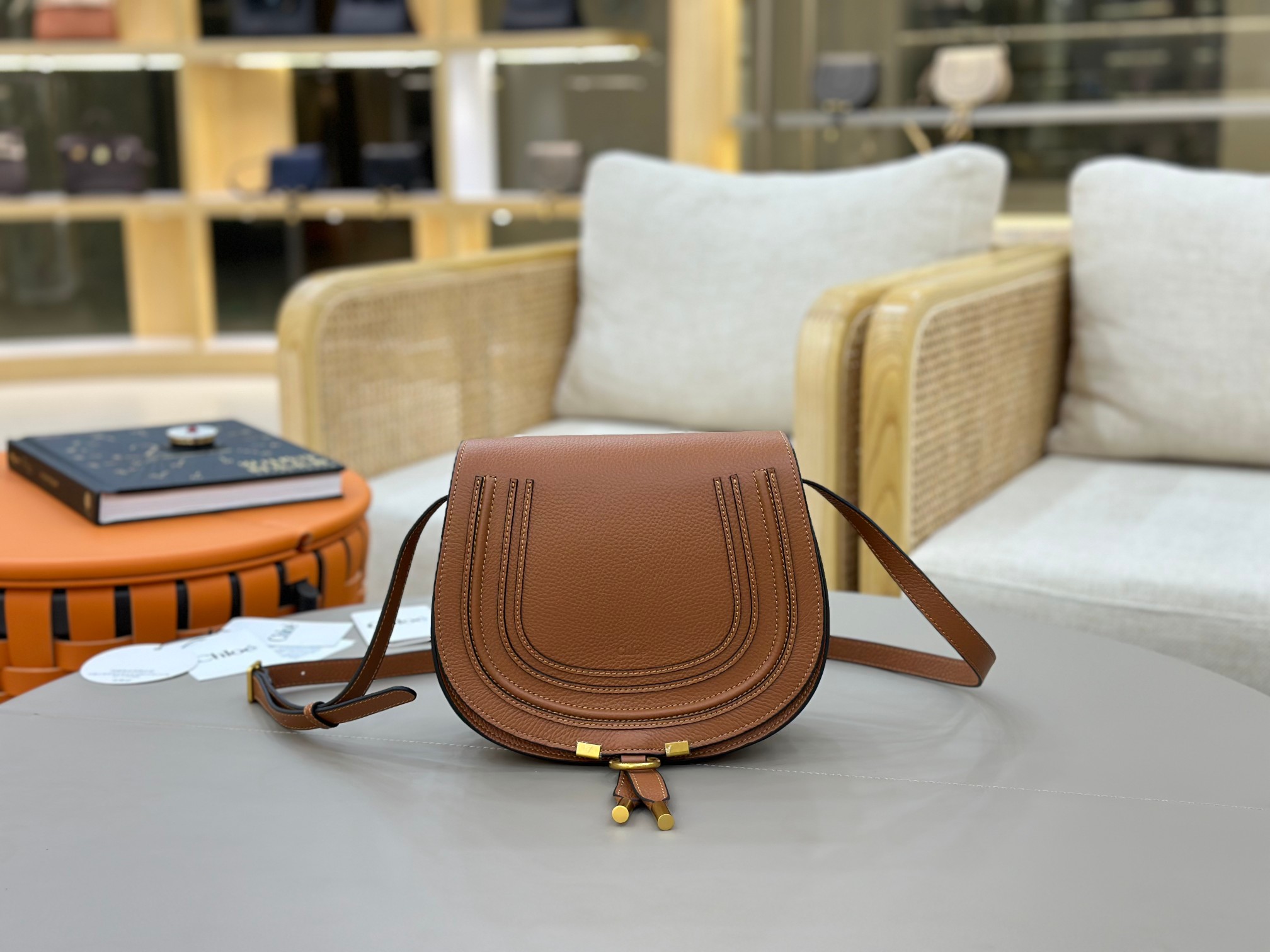 Chloe Marcie Saddle Bag in Grained Calfskin-Camel