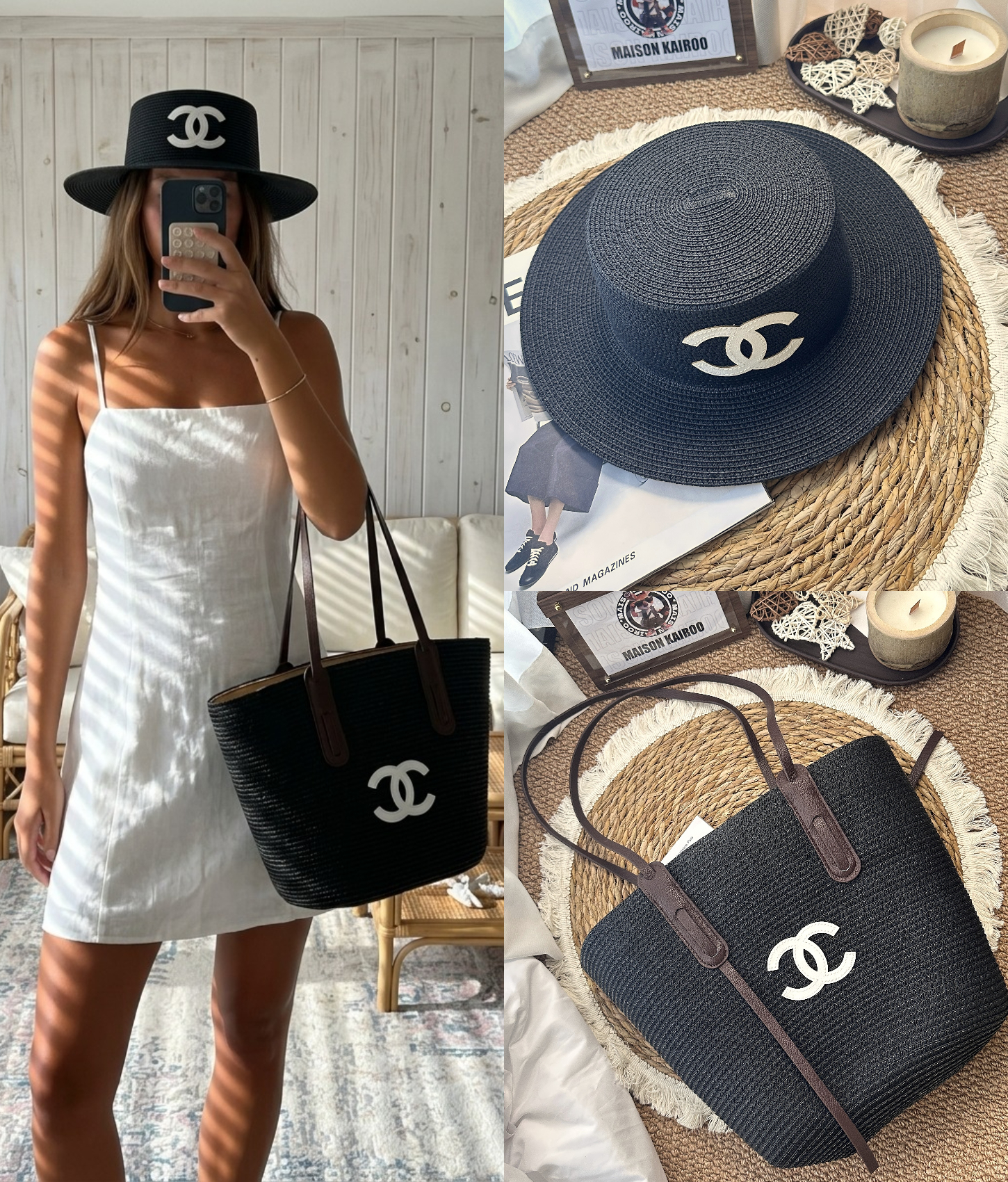 Chanel Minimalist Black Woven Raffia Tote Bag & Matching Flat Wide-Brim Sun Hat Beach Set - KAIROO