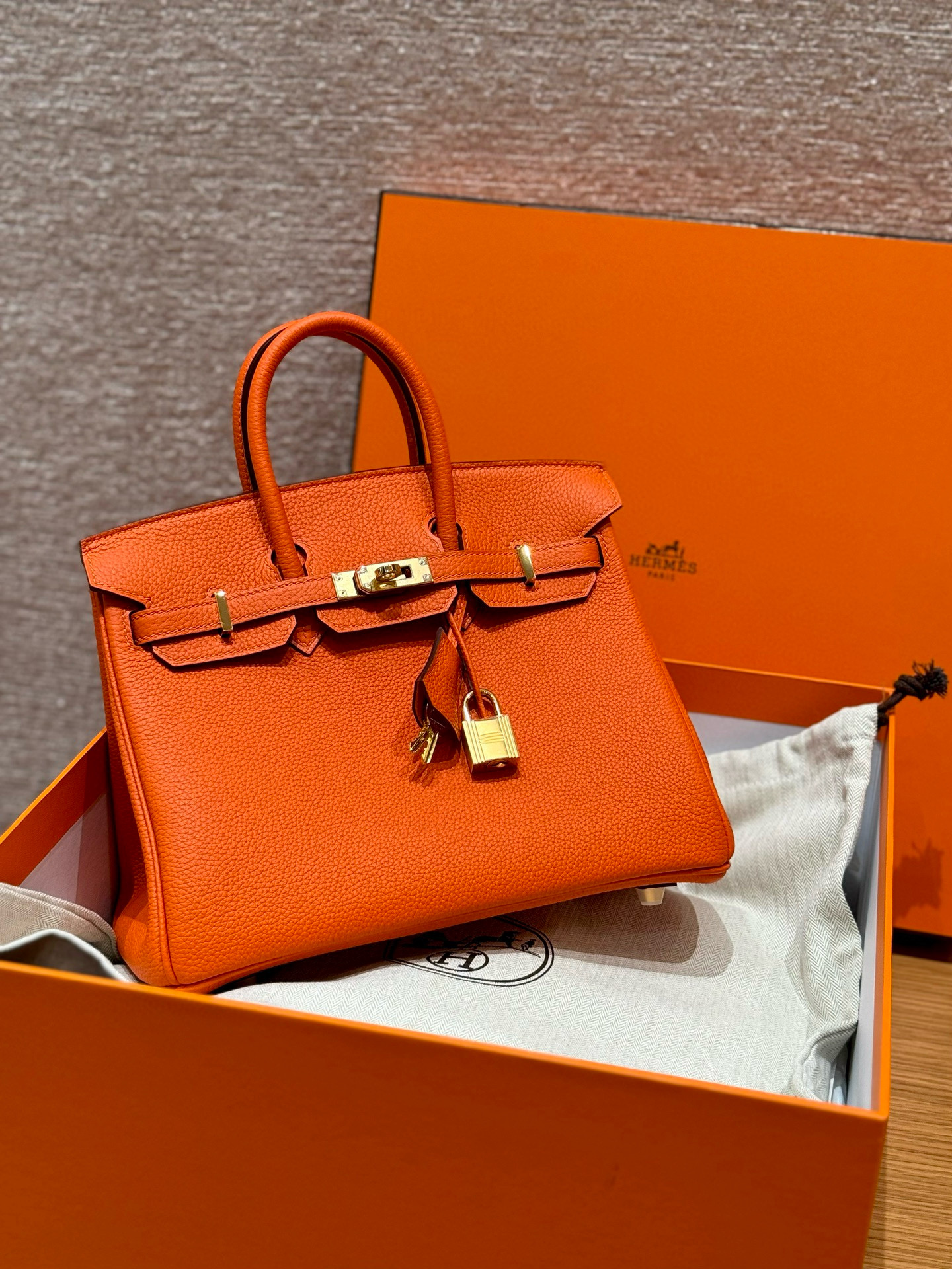 Hermes Orange Togo Birkin 25 Bag