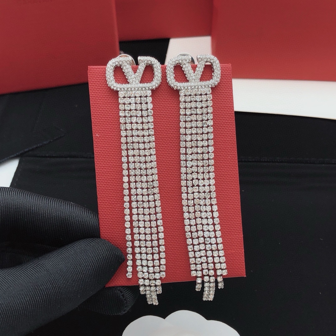Valentino Silver Rhinestone Tassel Earrings