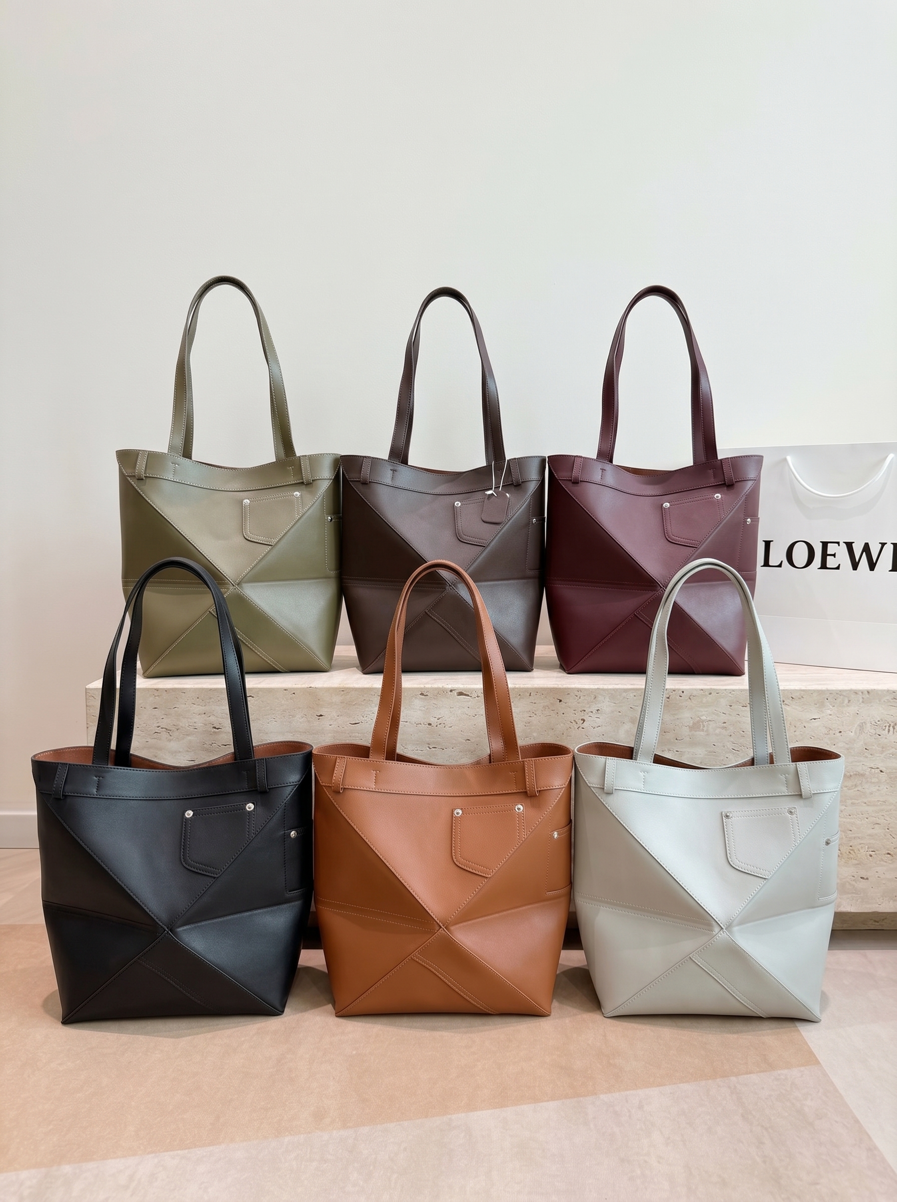 Loewe Puzzle Fold Pocket Rivets Smooth Leather Foldable Tote Shoulder Bags With Drawstring Pouch - KAIROO