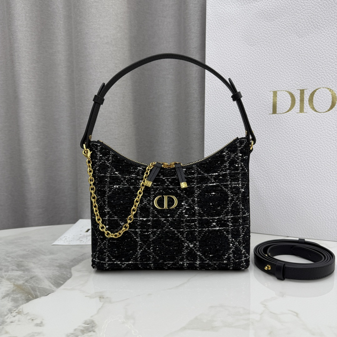 Miss Dior Caro Mini Hobo in Black Tweed and leather
