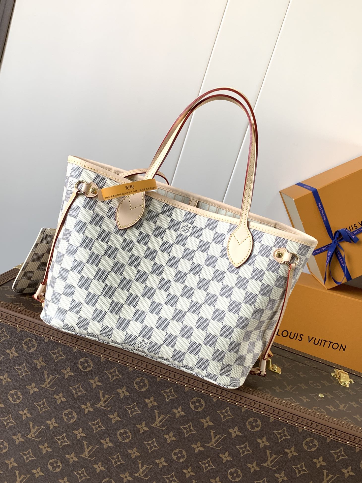 Louis Vuitton LV Neverfull PM & MM Damier Azur White & Rose Canvas Tote Top Handle Bag With Pouch - KAIROO