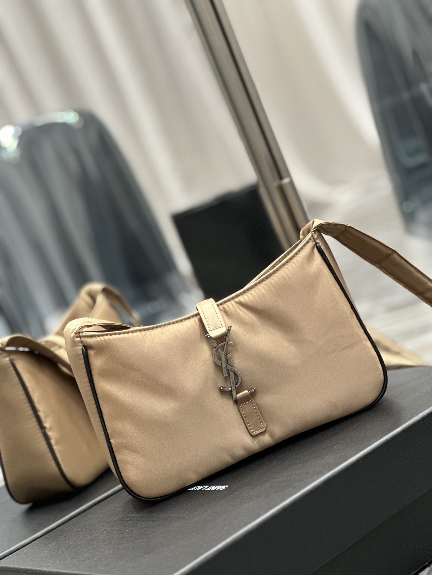 Saint Laurent YSL10A Handbag Shoulder Bag Top Mirror Quality Version Apricot Silver Buckle with Black Trim Nylon