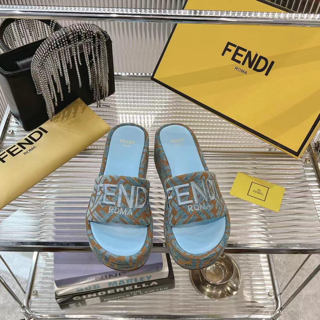 Fendi Baby Blue Open Toe FF Monogram Jacquard Canvas Platform Slippers - KAIROO