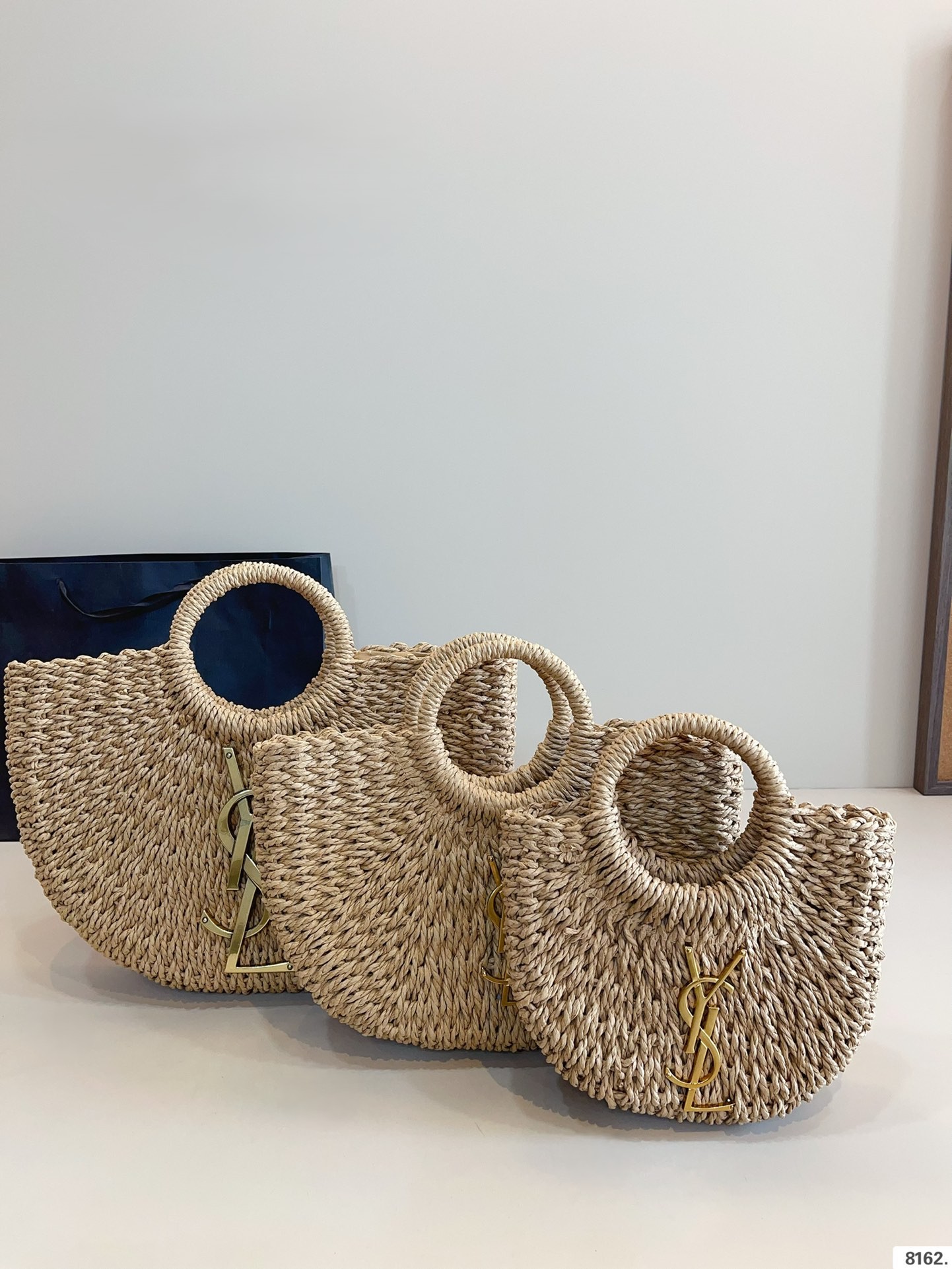 Saint Laurent YSL Crocheted Woven Straw Raffia Gold Metal Logo Round Handle Basket Tote Bag - KAIROO