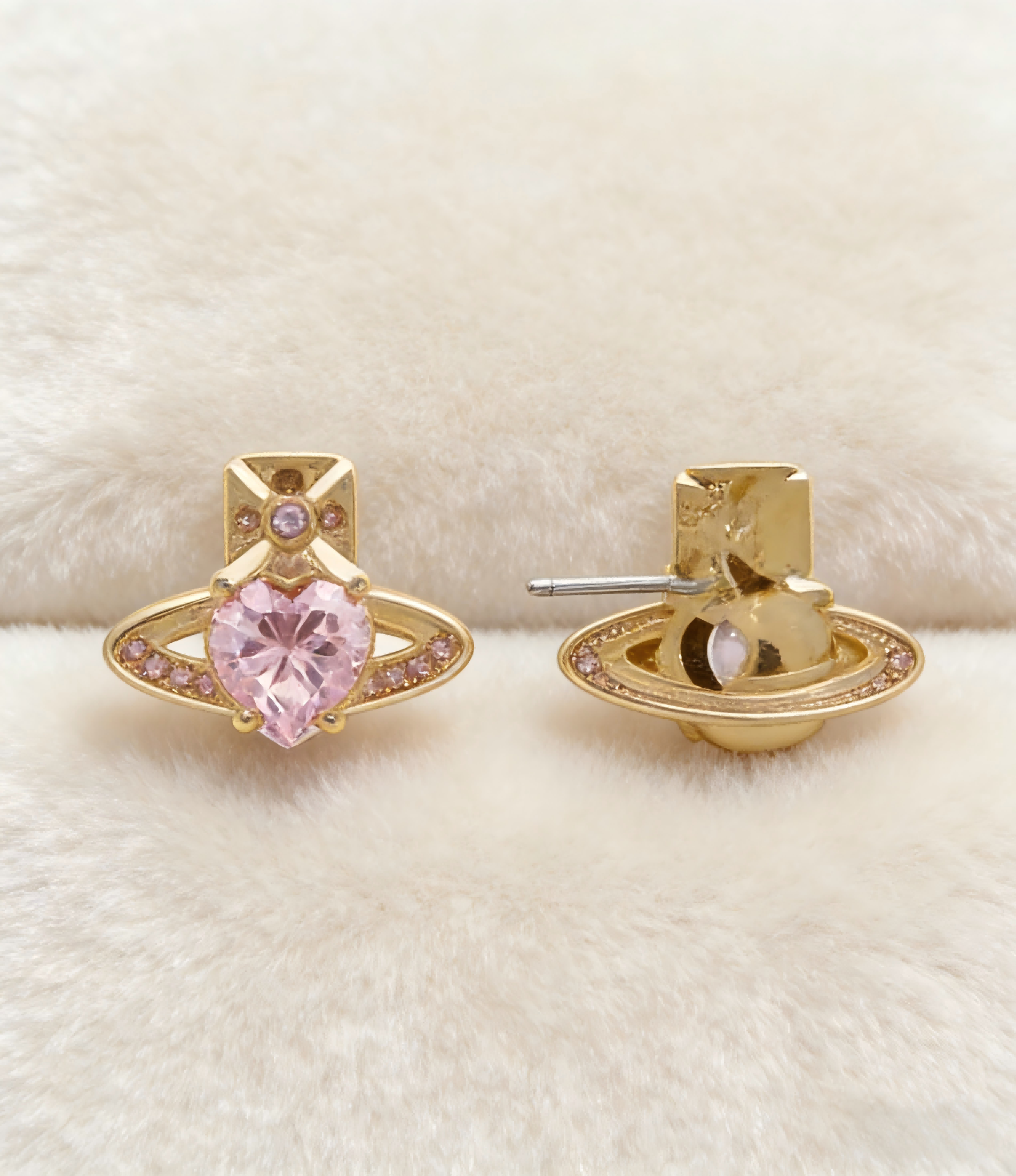 2026 New Vivienne Westwood Style Pink Heart Saturn Earrings - Dainty Gold Tone Crystal Stud Earrings for Women