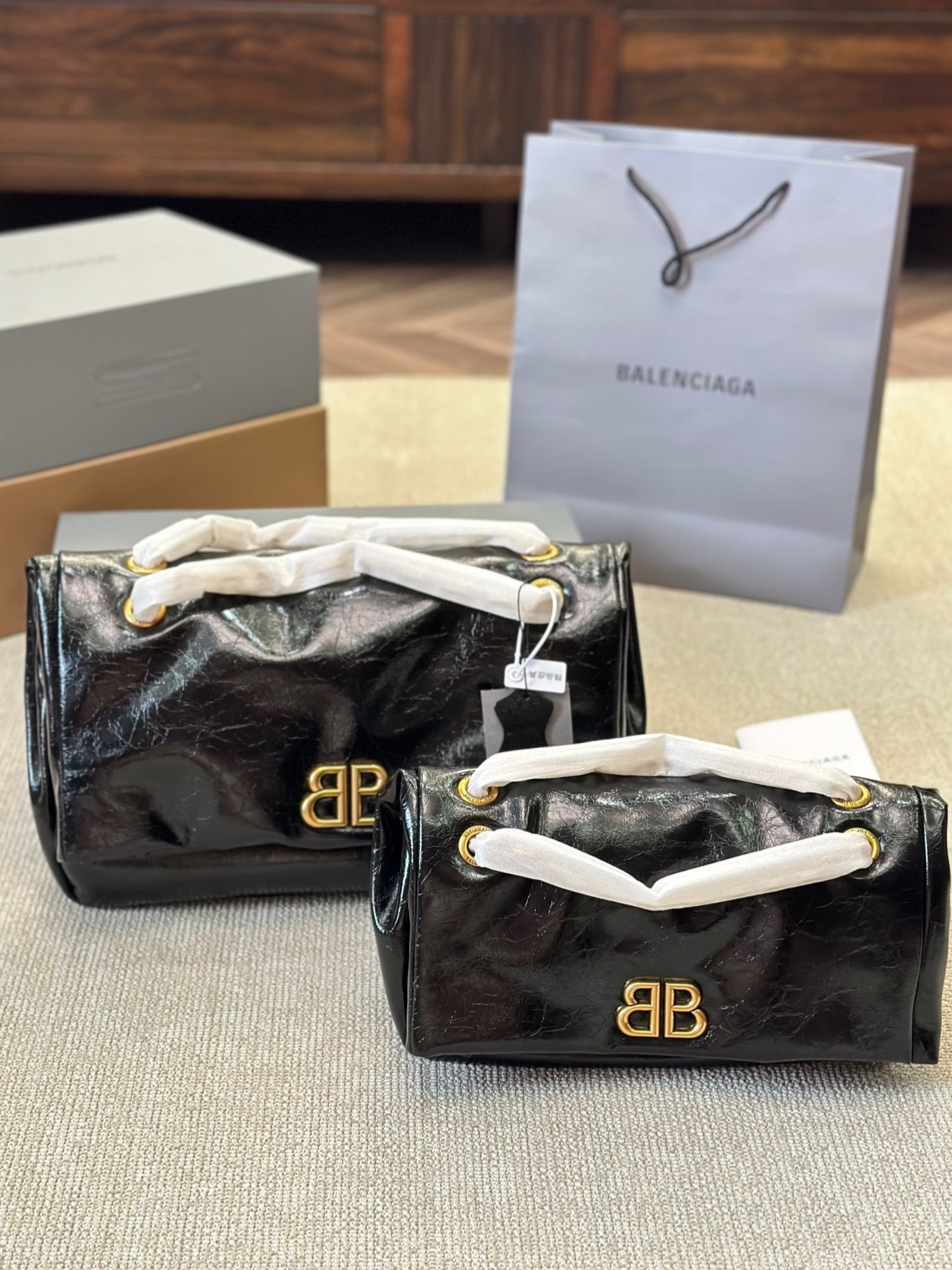 Balenciaga Monaco Black BB Gold Hardware Crumpled Leather Chain Shoulder Bag - KAIROO