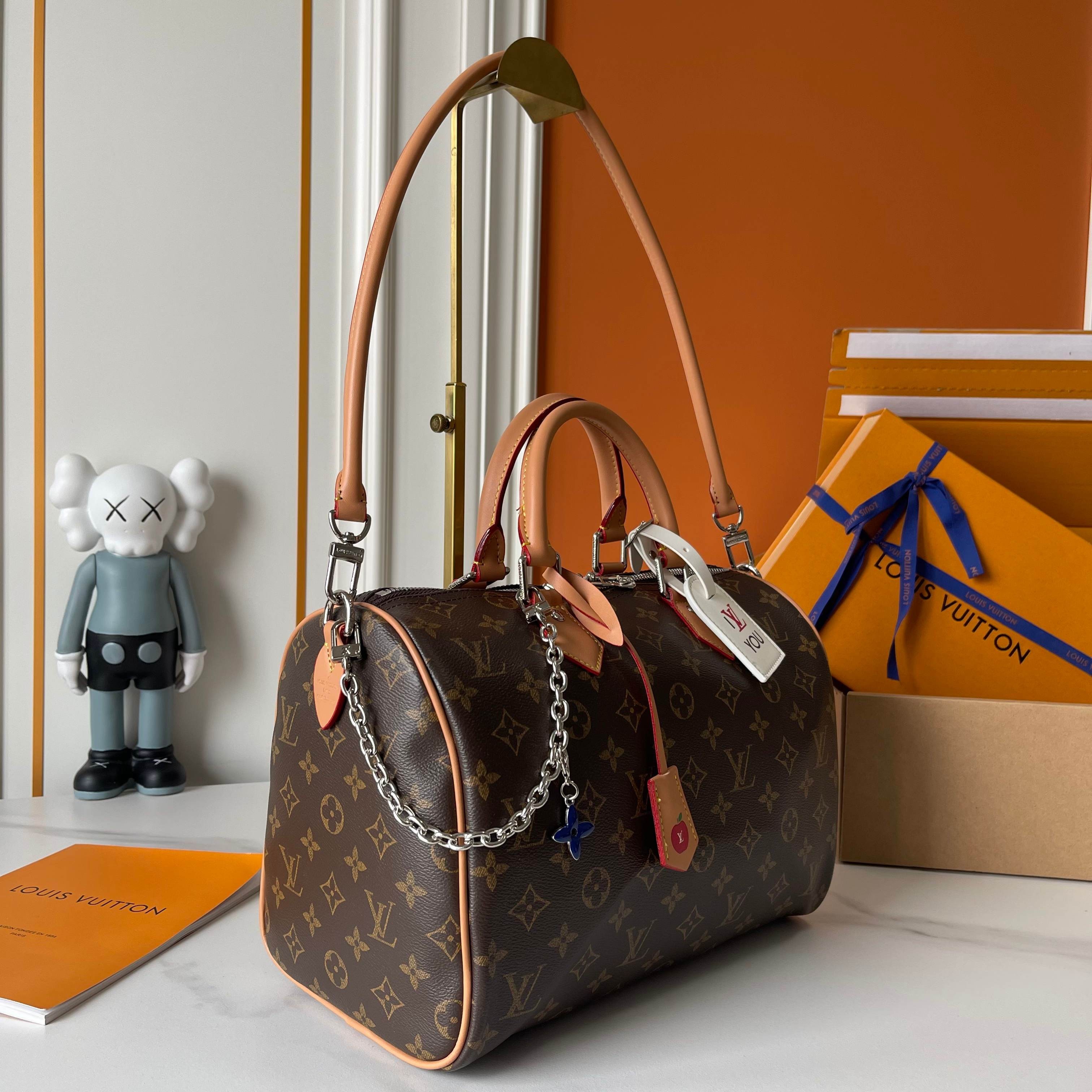Louis Vuitton LV Speedy 30 Monogram Canvas Leather Apple Tag Flower Charm Chain Boston Top Handle Bag - KAIROO
