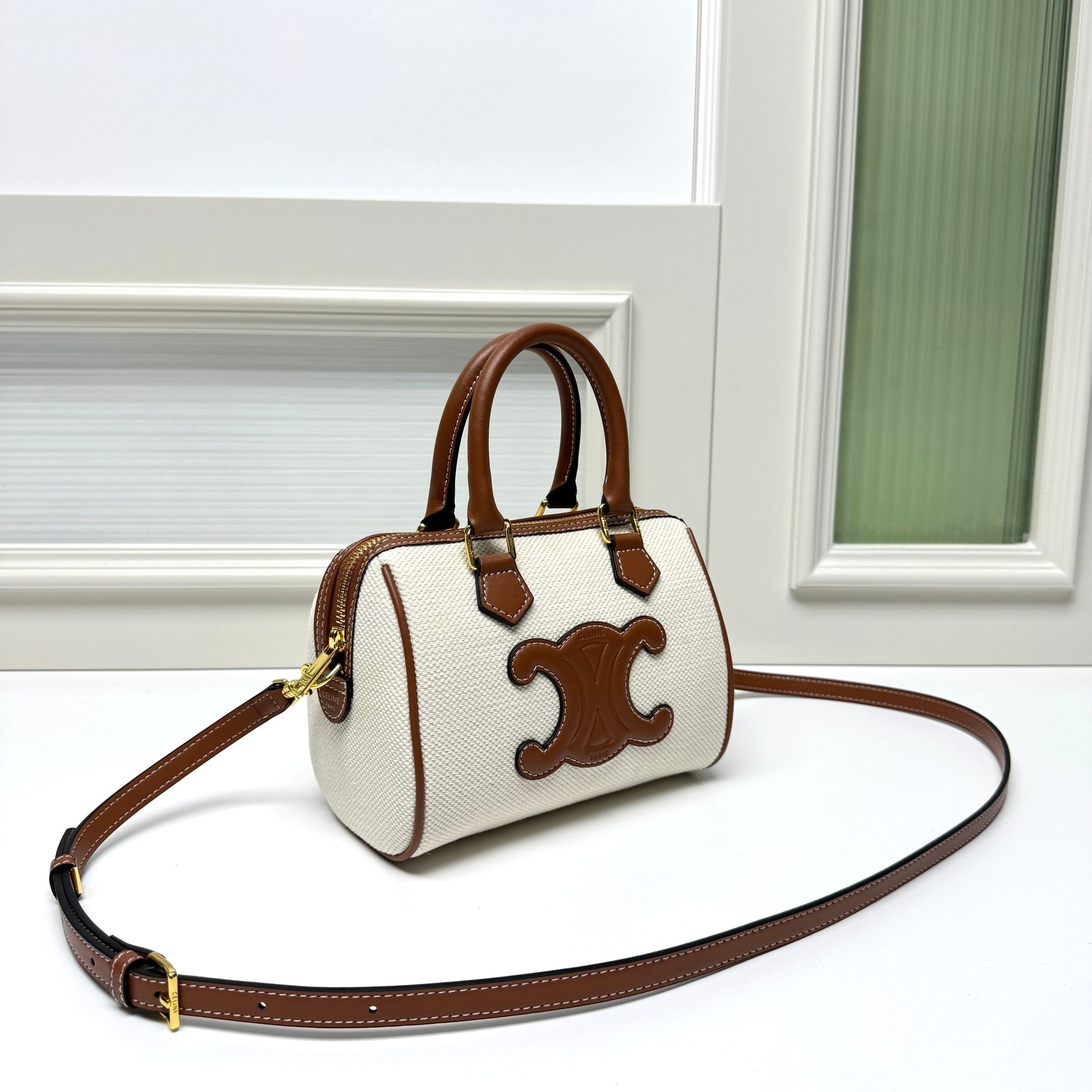 Celine Small Cream Triomphe Patch Canvas Leather Trim Handle Doctor Boston Bag - KAIROO