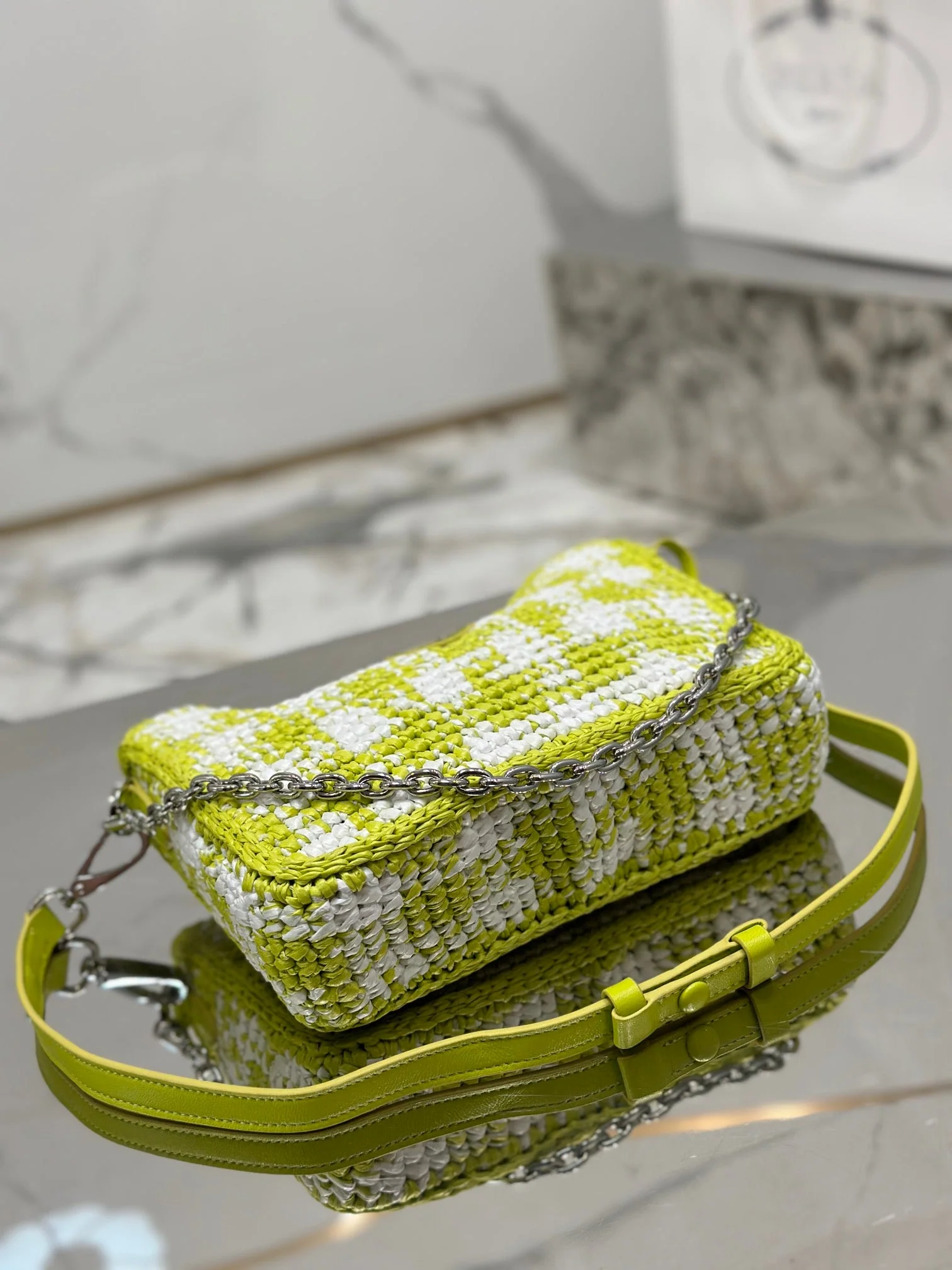 Prada CROCHET HOBO BAG 22 IN VOLT GREEN MIX WHITE RAFFIA SILVER HARDWARE