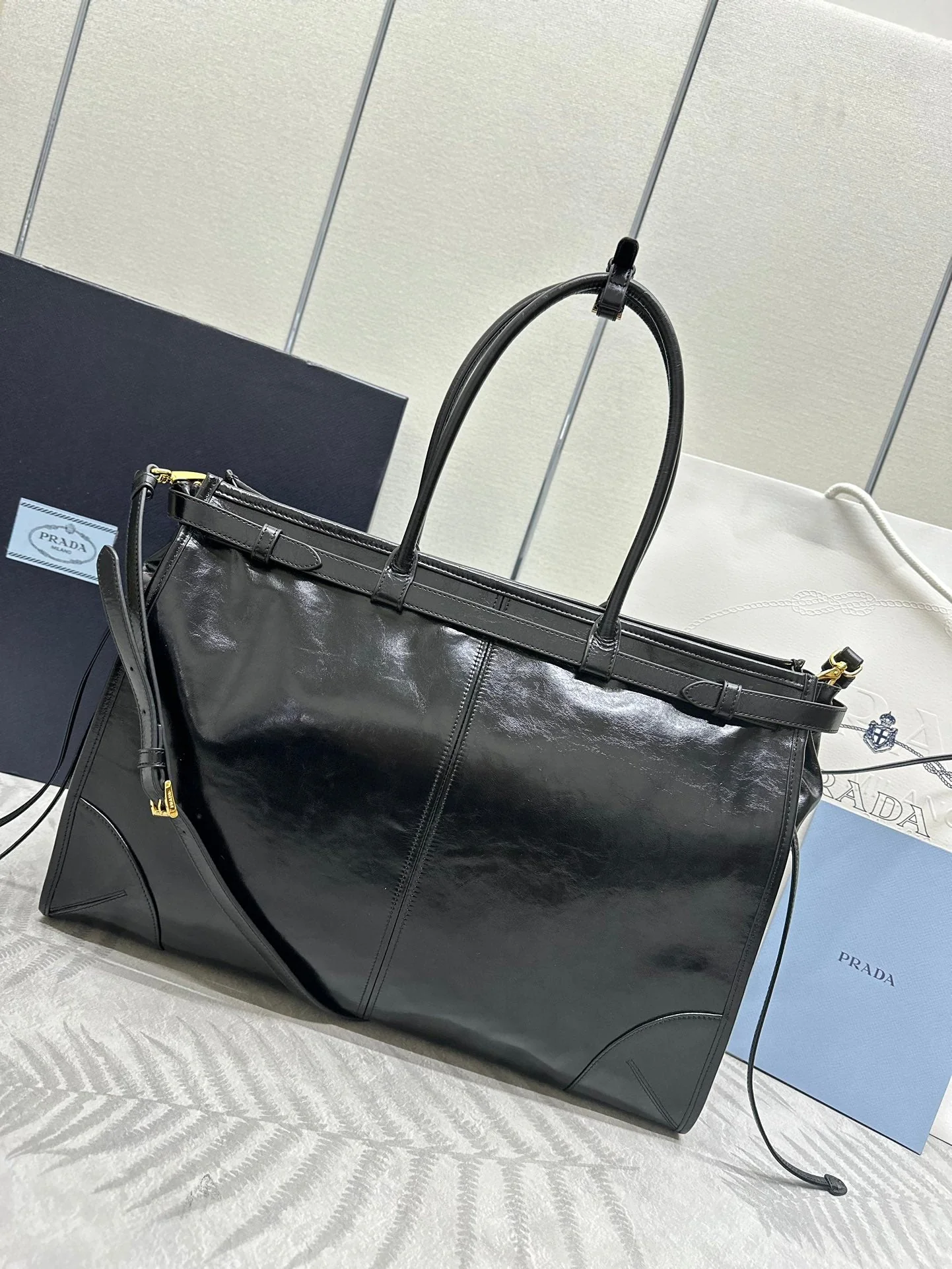 Prada TOTE BAG 42 IN BLACK OIL WAX LAMBSKIN GOLD HARDWARE