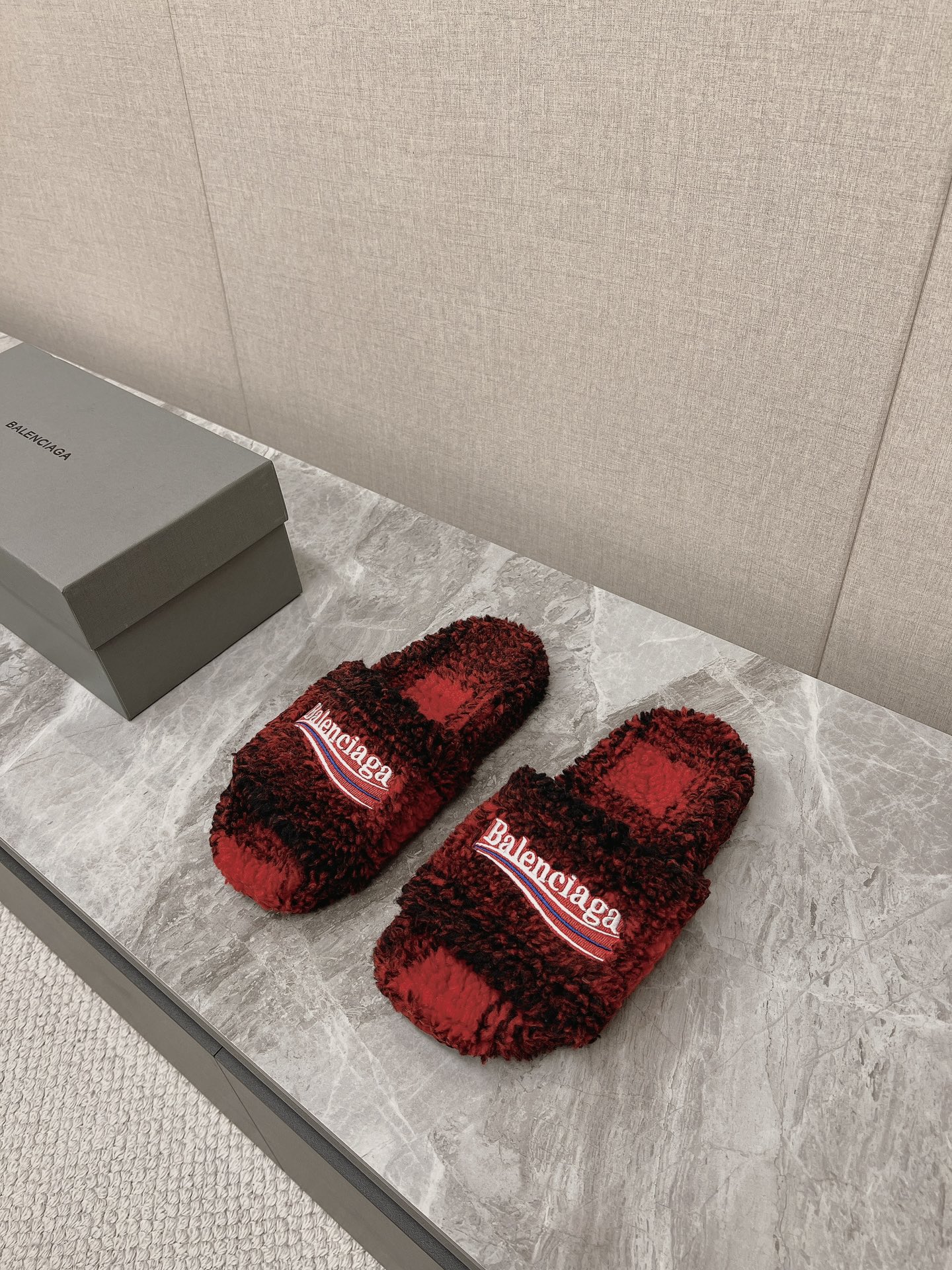 Balenciaga Political Campaign Logo Round Toe Red Black Plaid Faux Fur Slippers - KAIROO