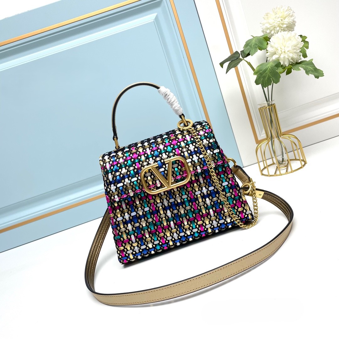 Valentino VLogo Signature Multicolor Embroidered Woven Leather Top Handle Shoulder Crossbody Bag - KAIROO