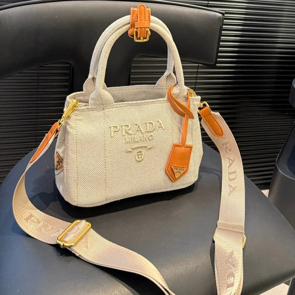 Prada LARGE HANDBAG 30 IN BEIGE MIX BROWN LINEN BLEND