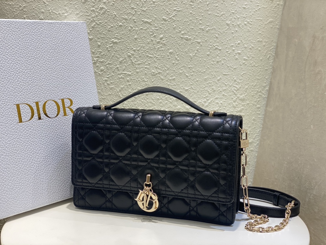 Miss Dior Top Handle Bag/Clutch in Black Cannage Lambskin