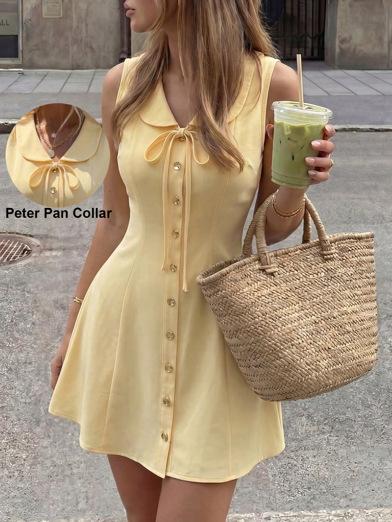 Peter Pan Collar Tie Neck A-Line Mini Dress