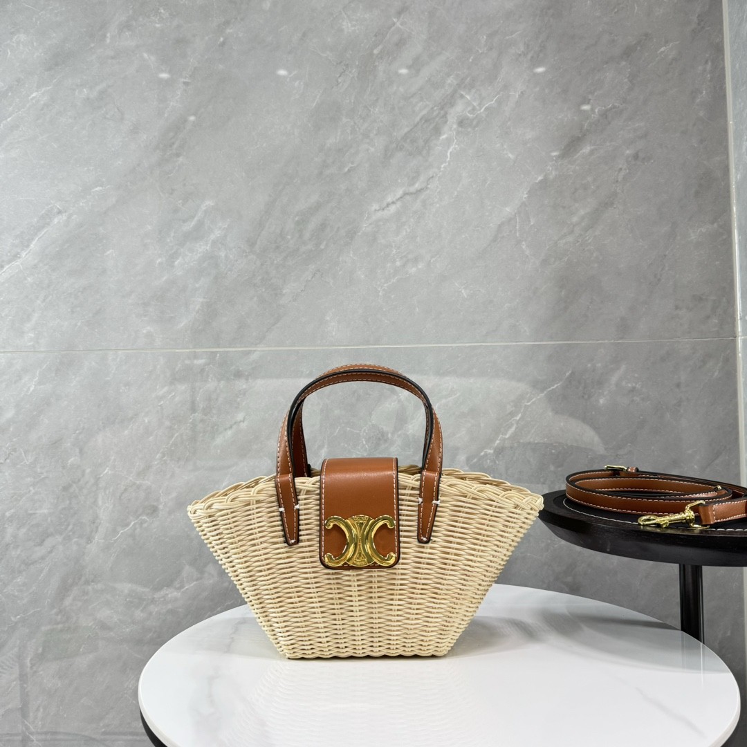 Celine Mini Triomphe Palm Leaf Gold Triomphe Metallic Closure Straw Basket Bag - KAIROO