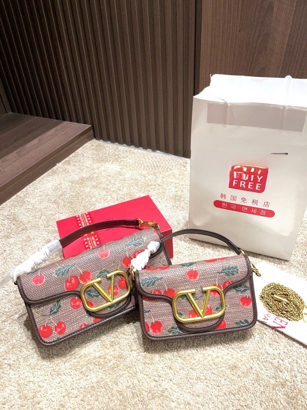 Valentino Locò Canvas Leather Cherry Print Embroidered Gold VLogo Flap Baguette Shoulder Bag - KAIROO