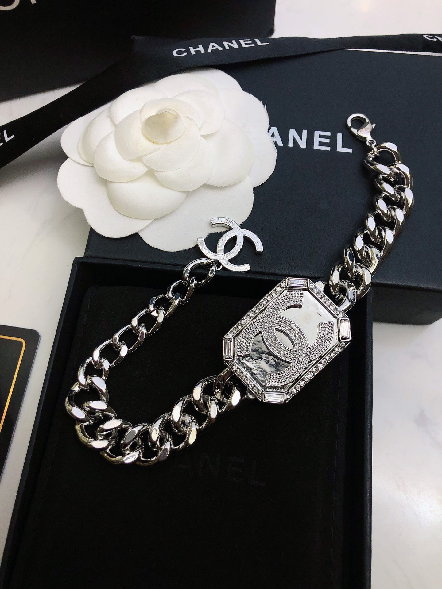Chanel Silver Mirror CC Cuban Link Baguette Crystal Charm Bracelet Top Version - KAIROO