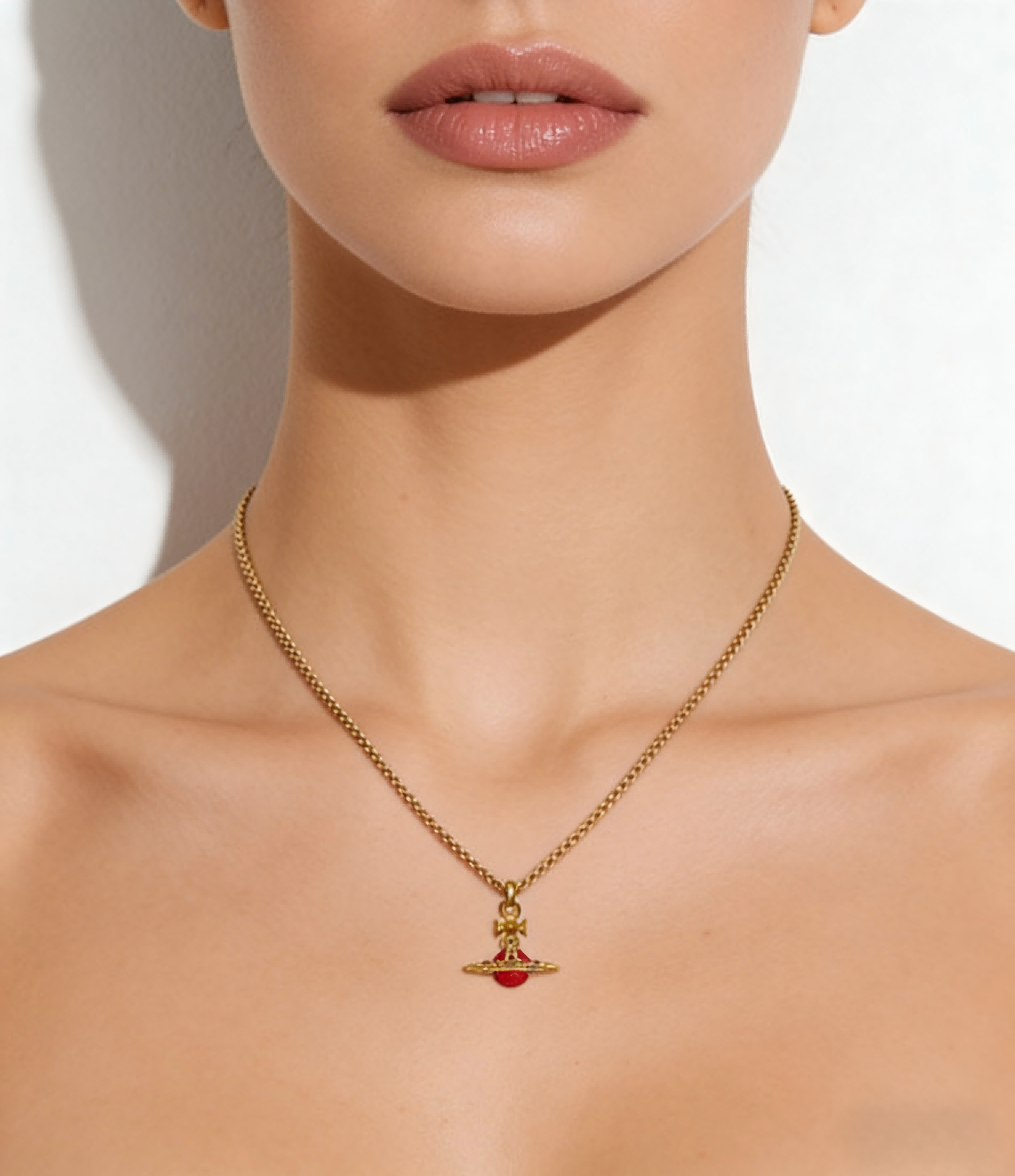 2026 New Vivienne Westwood Style Gold Red Crystal Saturn Pendant Necklace - Dainty Ruby Celestial Jewelry for Women