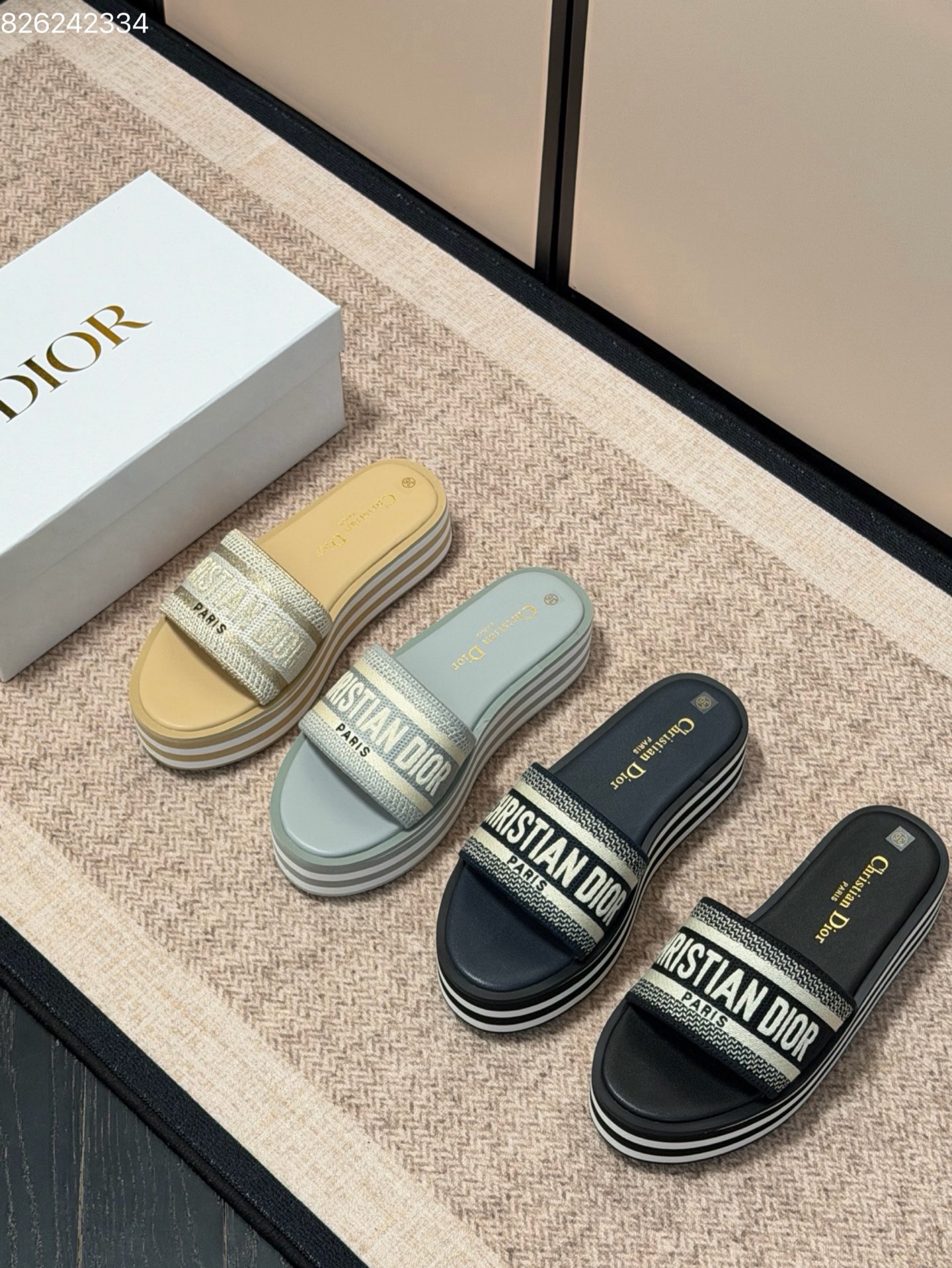 Dior Christian Dway Embroidered Cotton Striped Canvas Striped Rubber Sole Platform Slide Sandals - KAIROO
