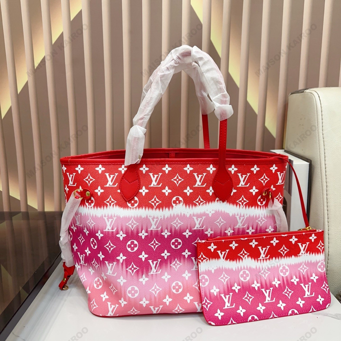 Louis Vuitton LV Neverfull MM Escale Red Pink Monogram Canvas Leather Tote Shoulder Bag With Pouch - KAIROO