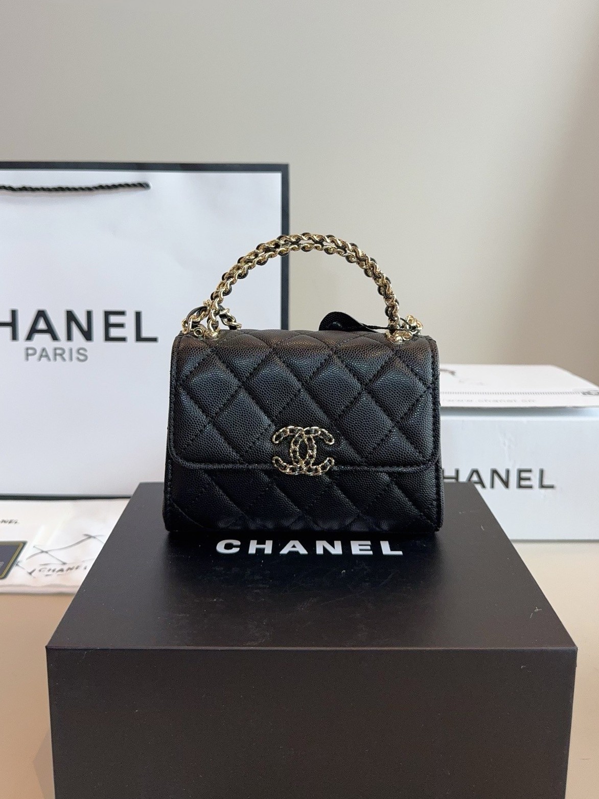 Chanel 23P Nano Mini Kelly Square Quilted Caviar Chain-Inlaid Top Handle Flap Crossbody Bag - KAIROO