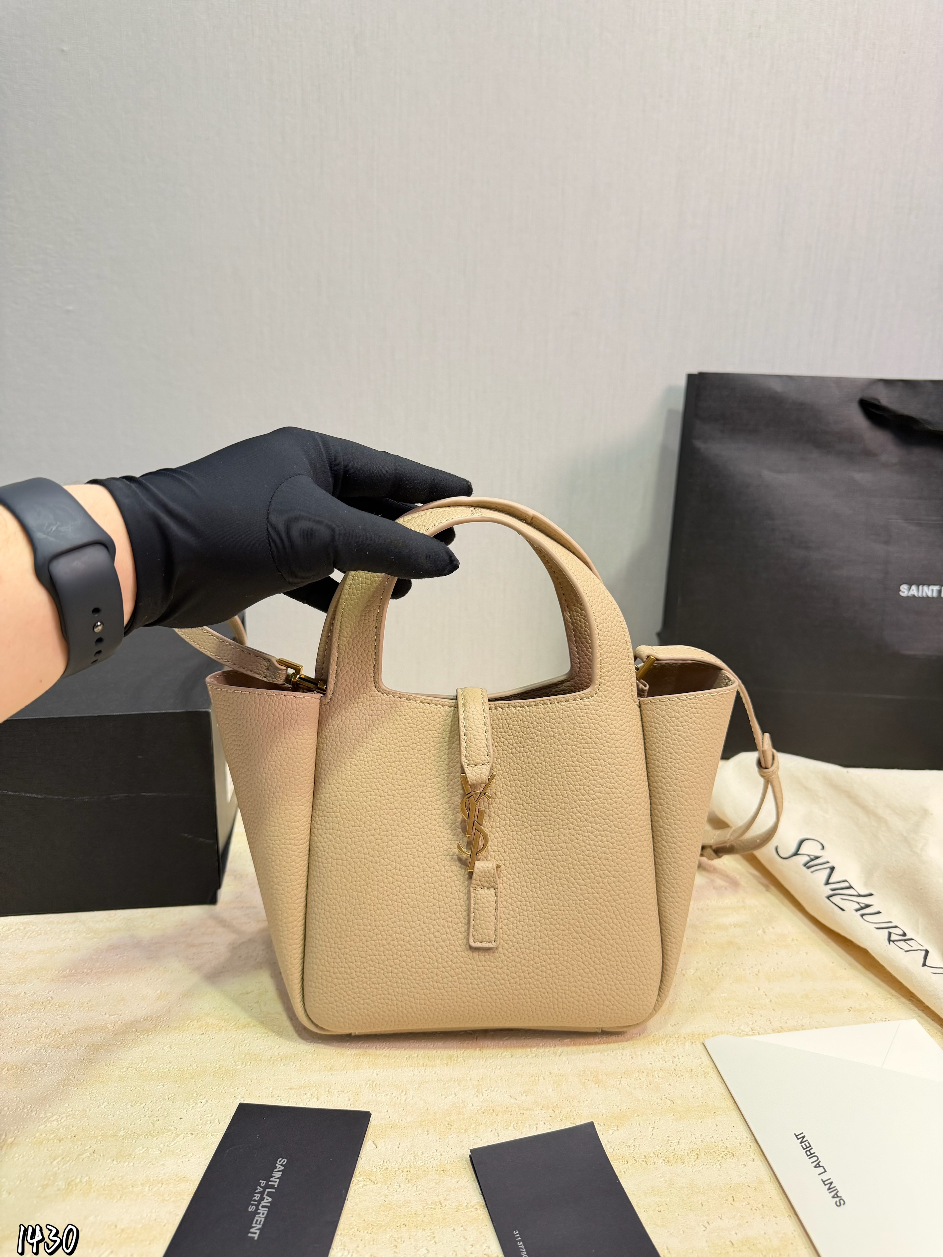 Saint Laurent Mini Bea Hobo Grain Leather YSL Front Toggle Fold Wing Tote Bucket Shoulder Bag - KAIROO