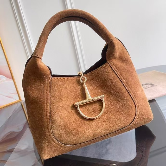 Gucci Metal Horsebit Suede Curved Top Handle Tote Bag/ Cognac - KAIROO