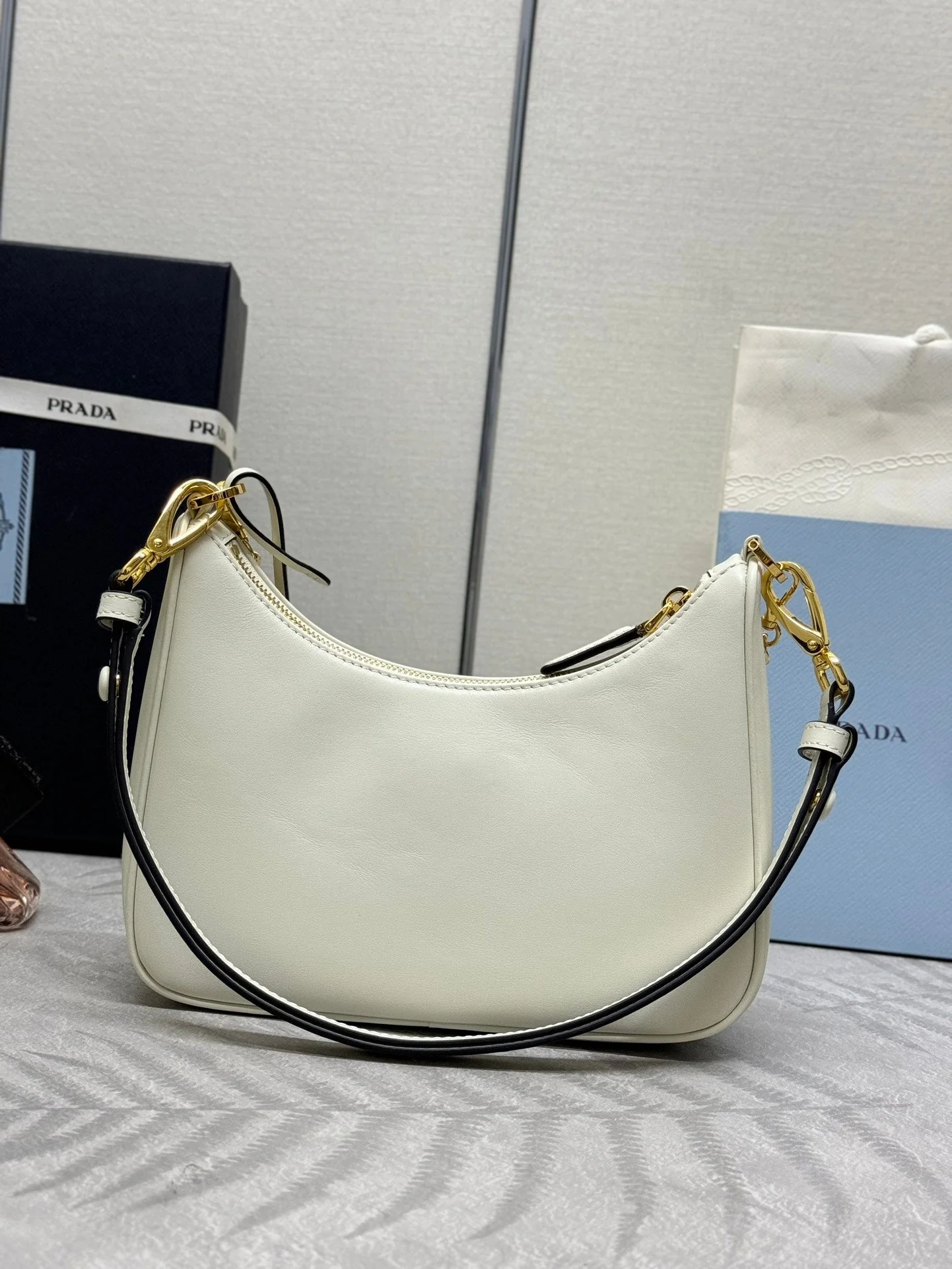 Prada HOBO BAG 23 IN WHITE NAPPA LAMBSKIN GOLD CHAIN