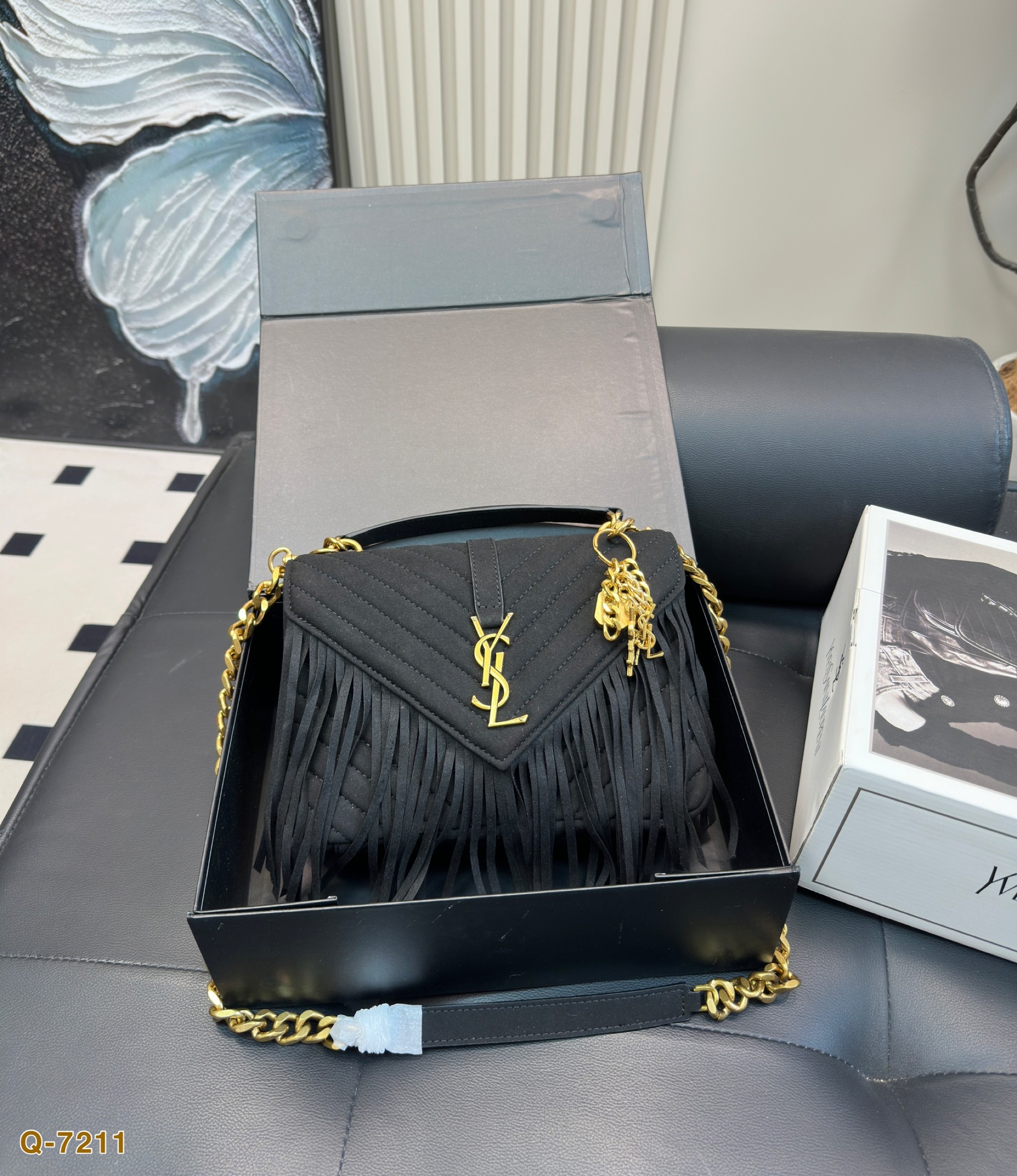 Saint Laurent Black Fringe College Matelassé Suede Chevron Quilted YSL Logo Shoulder Top Handle Bag - KAIROO