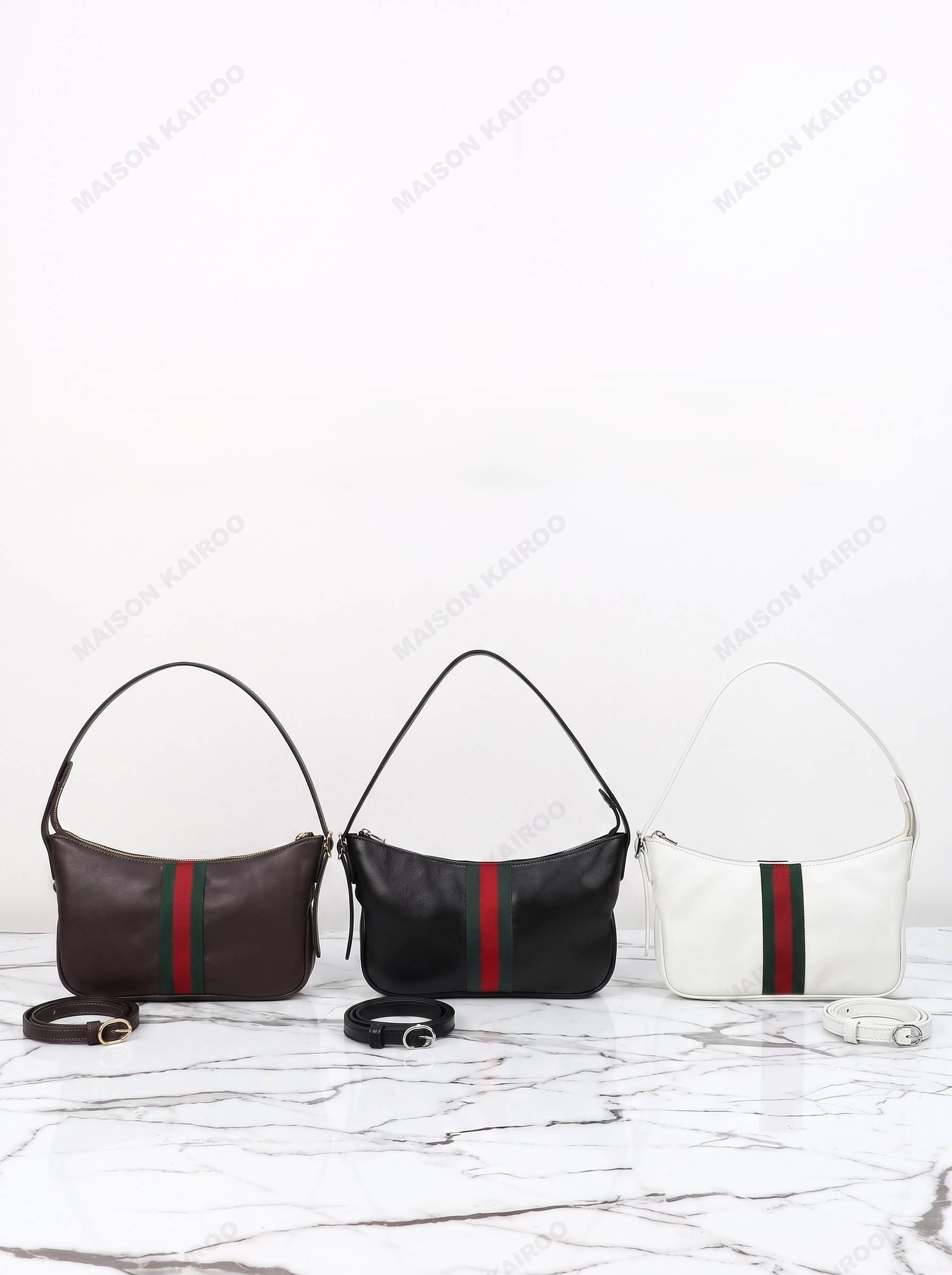 【10A】Gucci Small Lunetta Ophidia Smooth Leather Web Stripe Moon Hobo Shoulder Bag - KAIROO
