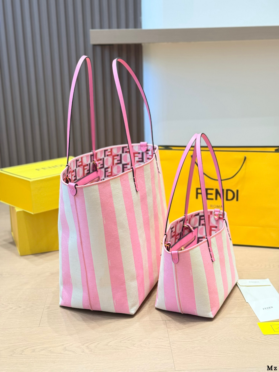 Fendi Pink And White Striped Canvas Leather Straps Reversible Design Tote Bag - KAIROO